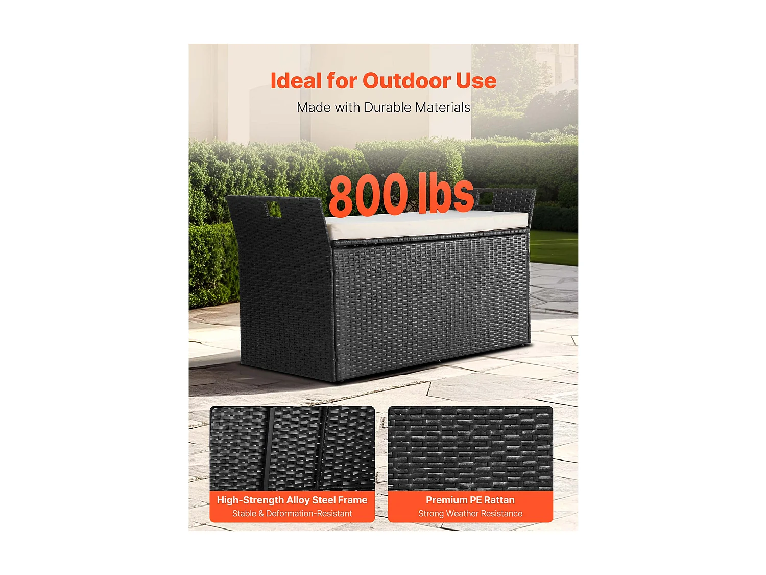 Banco de Almacenamiento SucceBuy, Exterior de Ratán Sintético, Cofre de Jardín de 340 L, Capacidad de Carga de 362,9 kg, Asiento de Exterior para Patio, Jardín