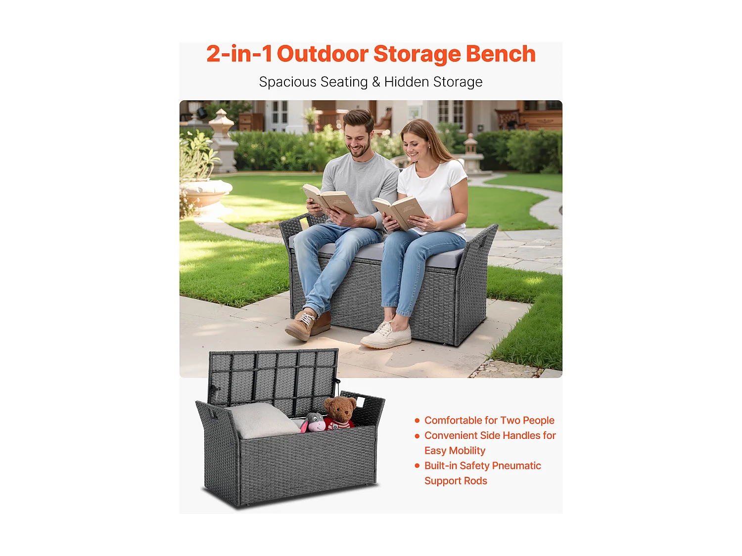 Banc de Rangement SucceBuy, Extérieur en Rotin Synthétique, Coffre de Jardin 151 L, Capacité de Charge 181,4 kg, Siège d'Extérieur pour Patio, Jardin, Balcon