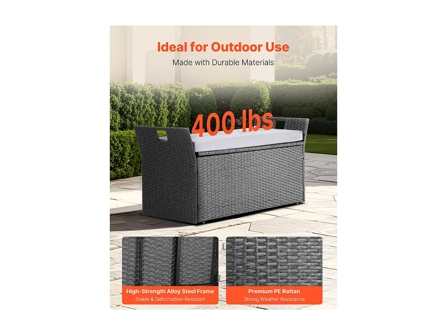 Banc de Rangement SucceBuy, Extérieur en Rotin Synthétique, Coffre de Jardin 151 L, Capacité de Charge 181,4 kg, Siège d'Extérieur pour Patio, Jardin, Balcon