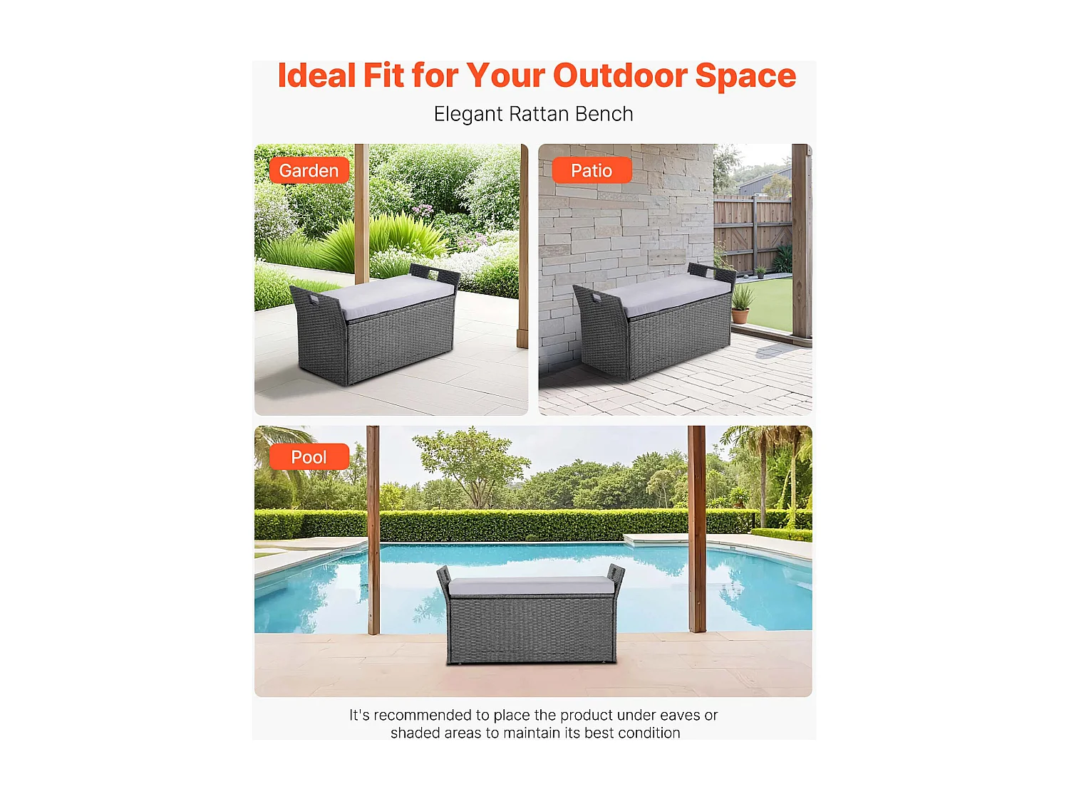 Banc de Rangement SucceBuy, Extérieur en Rotin Synthétique, Coffre de Jardin 151 L, Capacité de Charge 181,4 kg, Siège d'Extérieur pour Patio, Jardin, Balcon