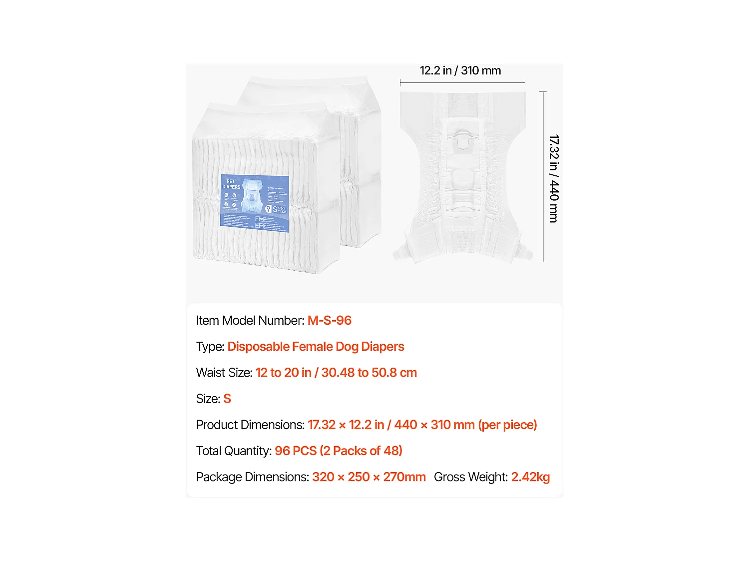 Couches Jetables SucceBuy pour Chiens Femelles 96 Pièces, Couches pour Chiennes Super Absorbantes Anti-Fuites Taille S, pour Entraînement, 2 Lots de 48