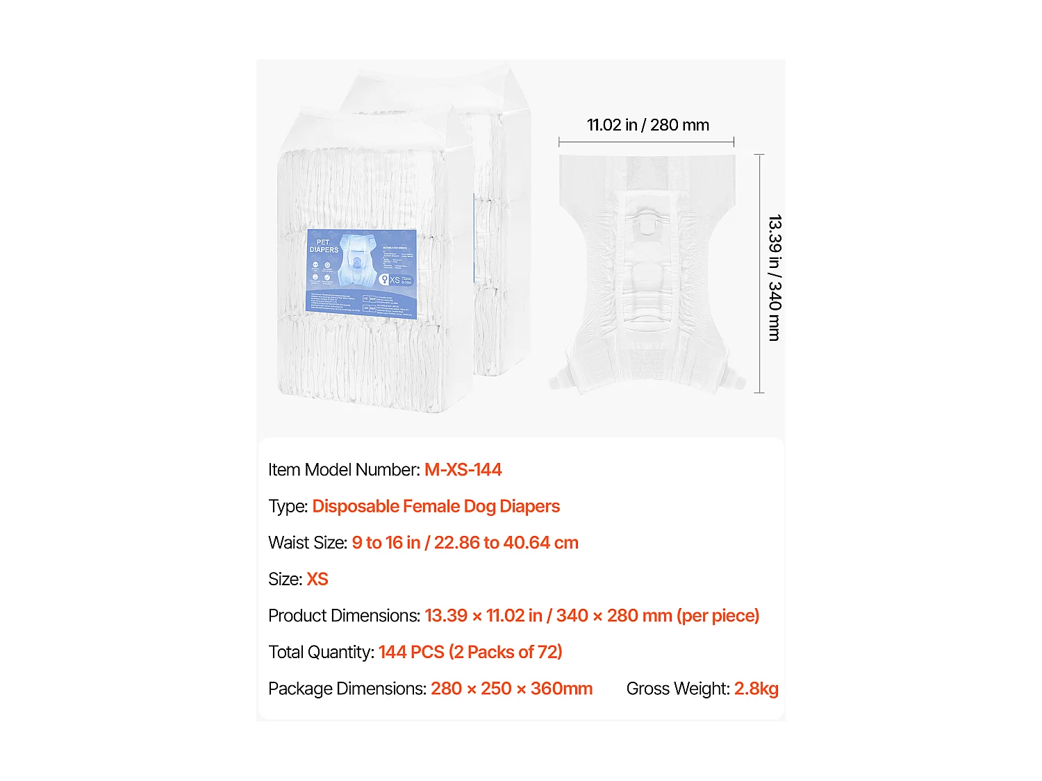 Couches Jetables SucceBuy pour Chiens Femelles, 144 Pièces, Couches pour Chiennes Super Absorbantes Anti-fuites Taille XS, pour Entraînement, 2 Lots de 72