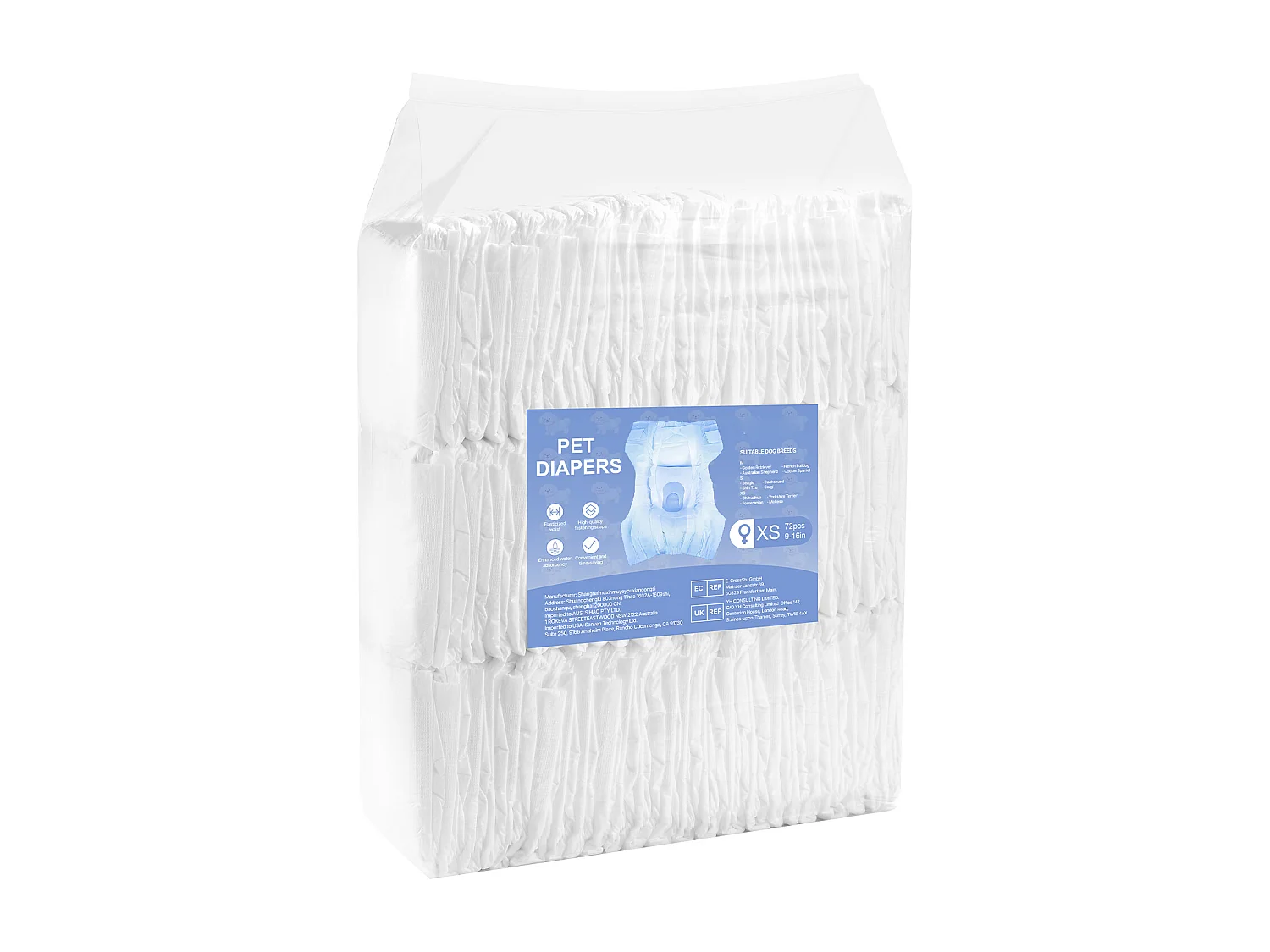 Couches Jetables SucceBuy pour Chiens Femelles, 144 Pièces, Couches pour Chiennes Super Absorbantes Anti-fuites Taille XS, pour Entraînement, 2 Lots de 72