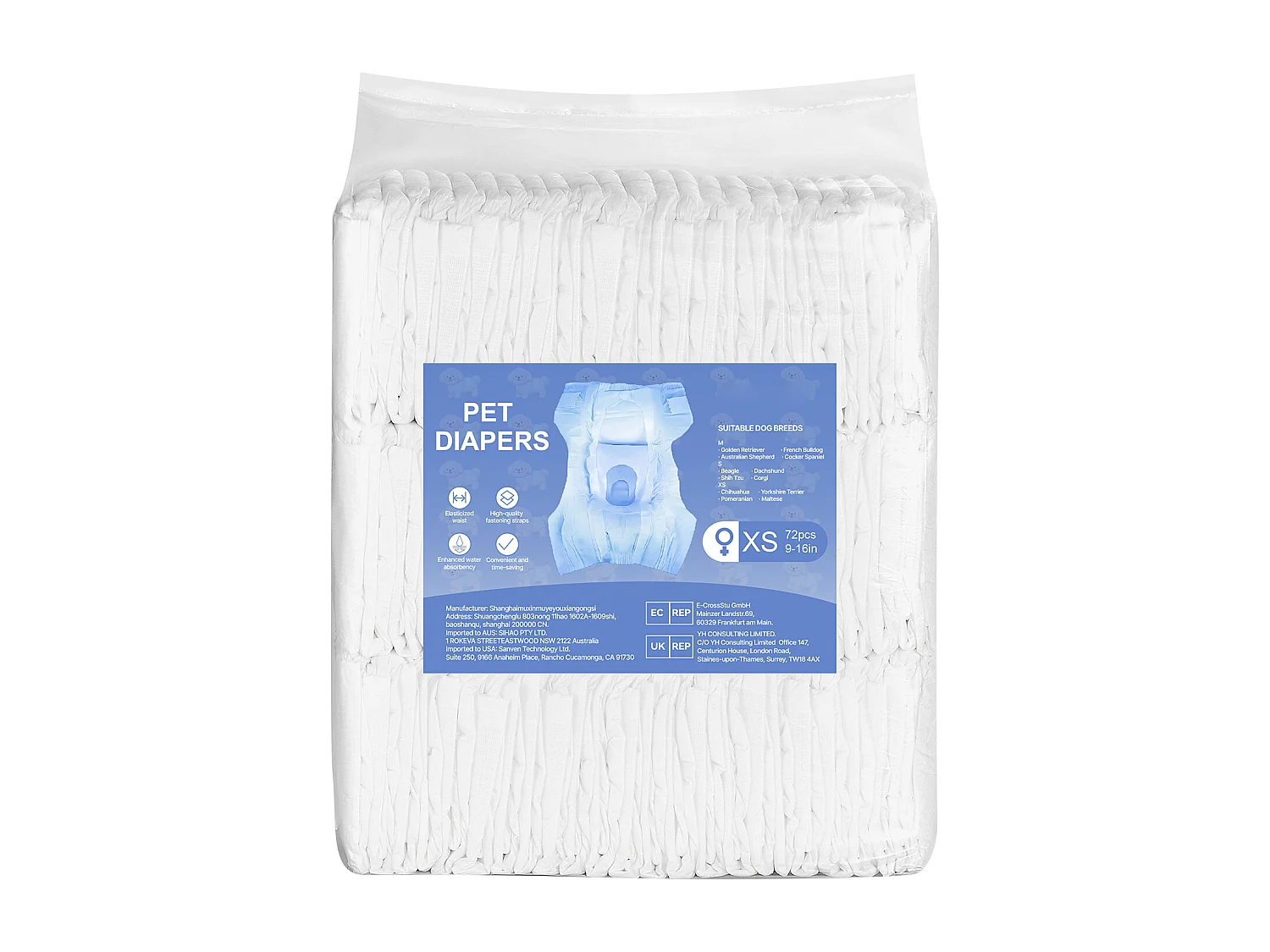Couches Jetables SucceBuy pour Chiens Femelles, 144 Pièces, Couches pour Chiennes Super Absorbantes Anti-fuites Taille XS, pour Entraînement, 2 Lots de 72