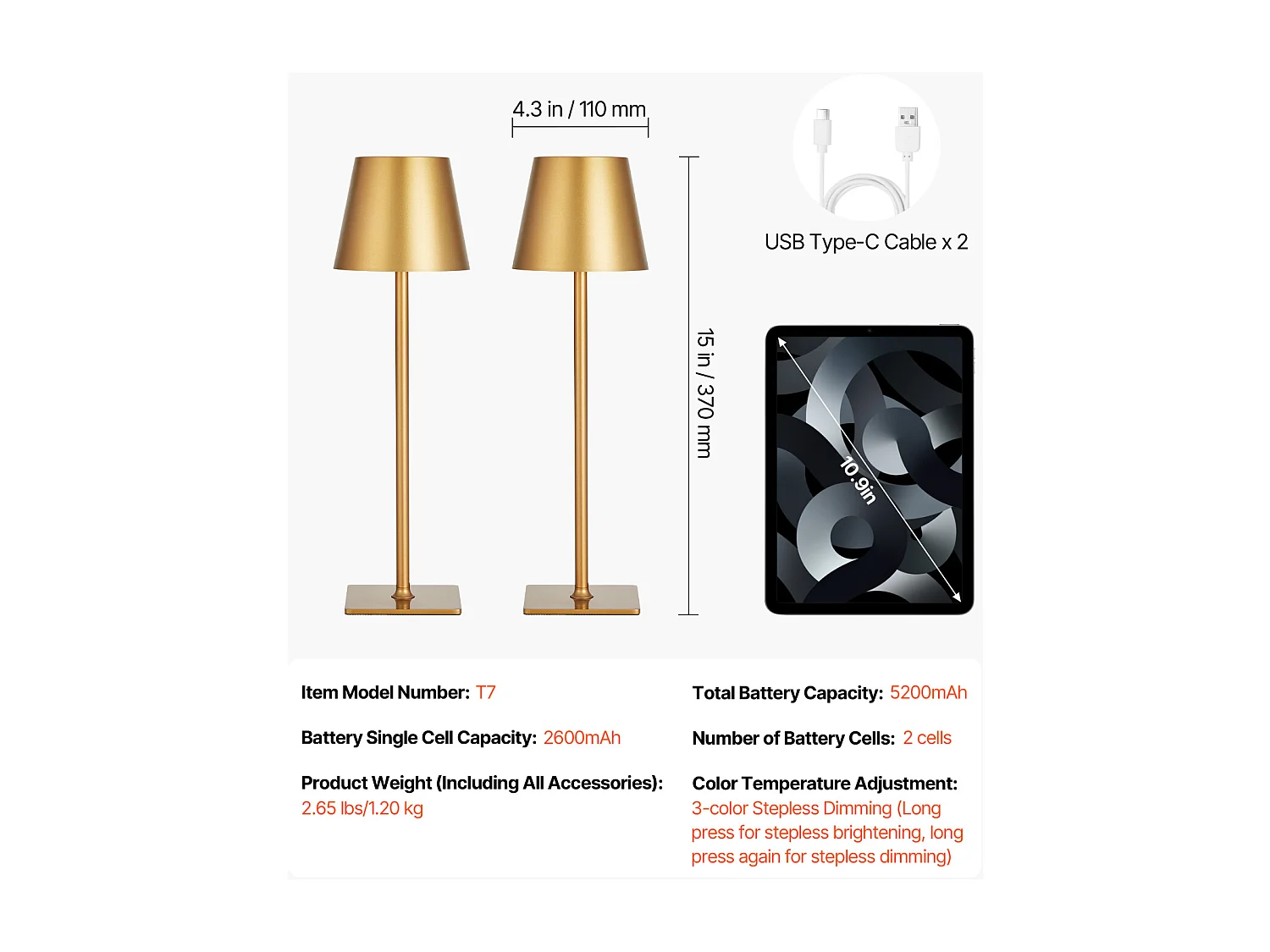 Lampe de Table Sans Fil SucceBuy, 2 Pièces, Batterie Rechargeable Intégrée 5200 mAh, Variateur d'Intensité 3 Couleurs, pour Chambre, Doré