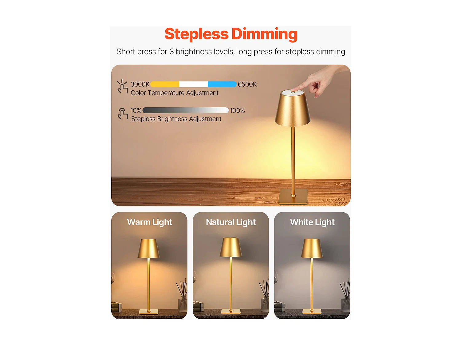 Lampe de Table Sans Fil SucceBuy, 2 Pièces, Batterie Rechargeable Intégrée 5200 mAh, Variateur d'Intensité 3 Couleurs, pour Chambre, Doré