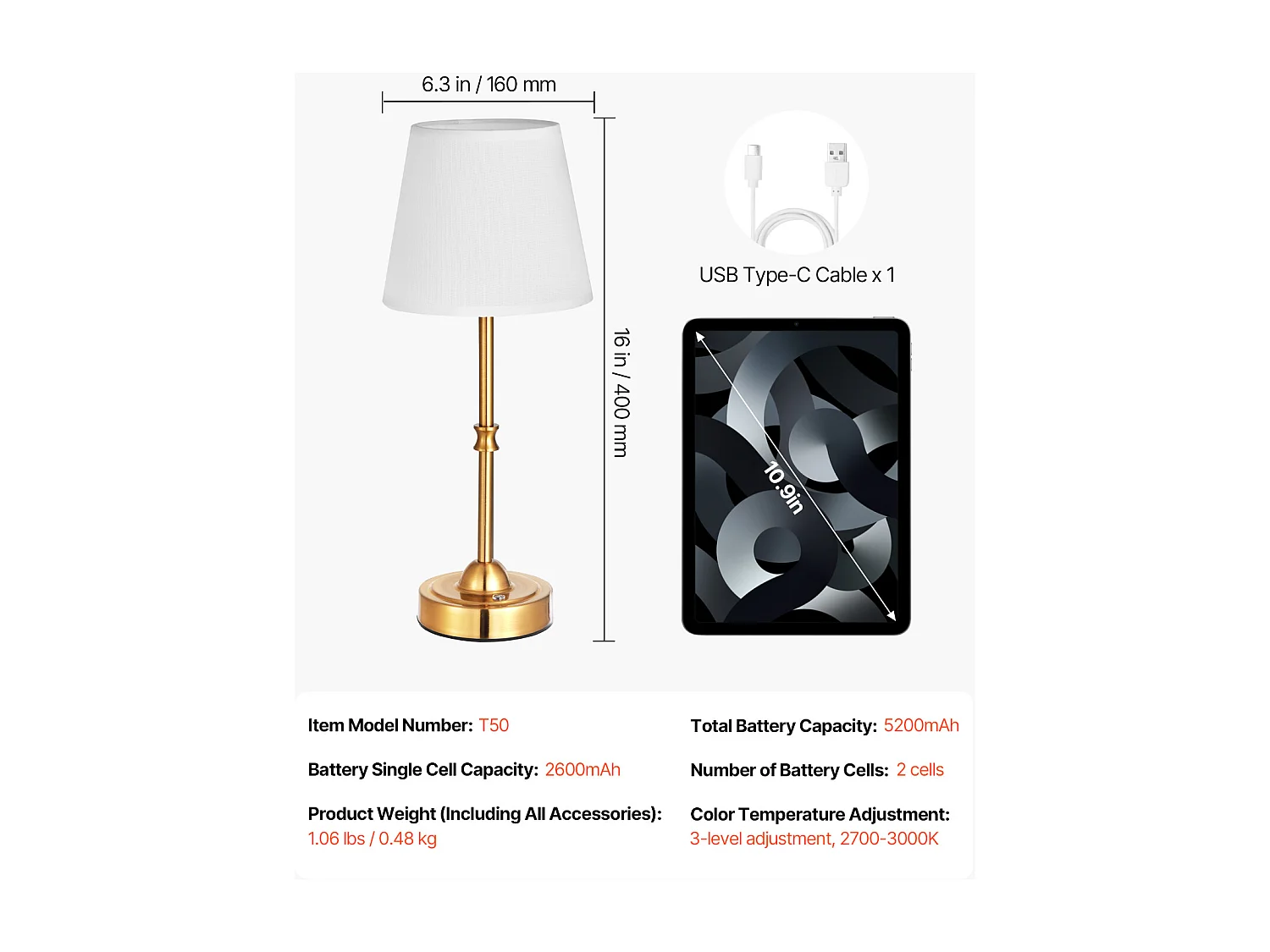 Lampe de Table Sans Fil SucceBuy, Batterie Rechargeable Intégrée 5200 mAh, 3 Niveaux de Luminosité, Abat-Jour en Tissu, pour Chambre, Bar, Doré