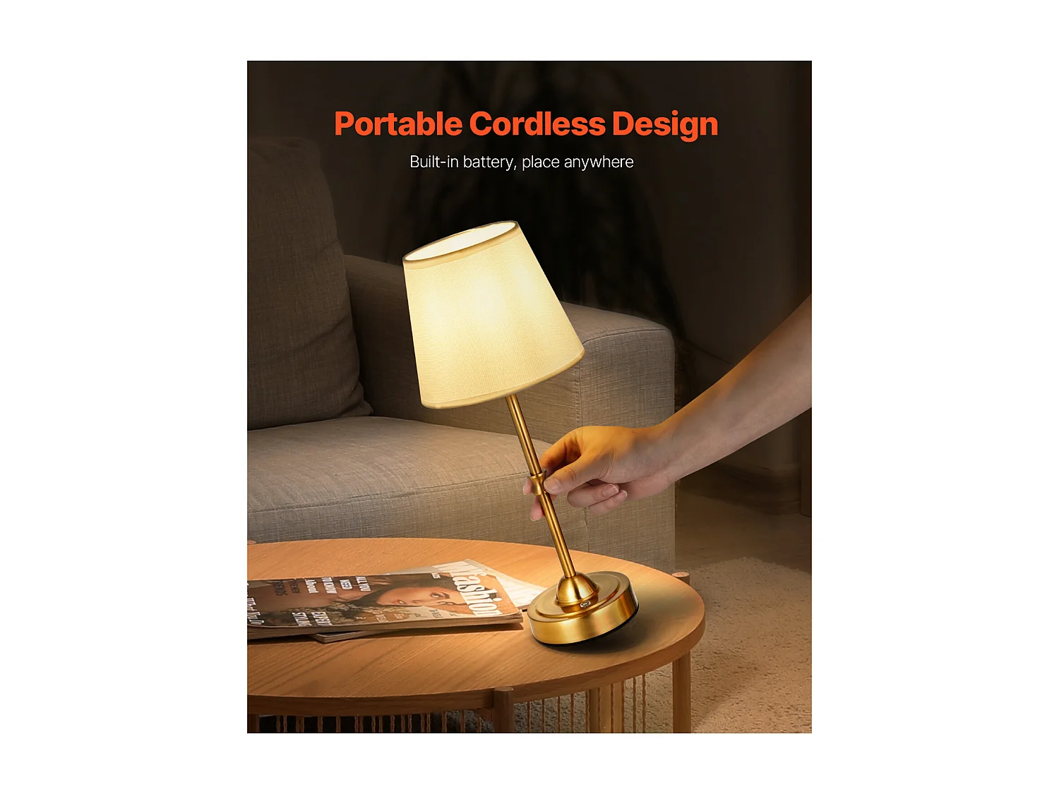 Lampe de Table Sans Fil SucceBuy, Batterie Rechargeable Intégrée 5200 mAh, 3 Niveaux de Luminosité, Abat-Jour en Tissu, pour Chambre, Bar, Doré