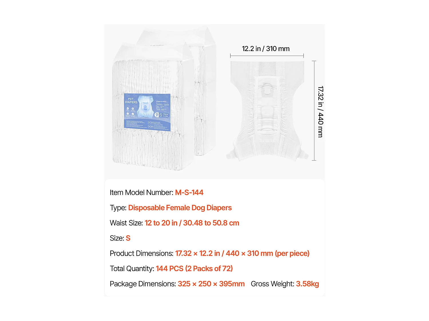 Couches Jetables SucceBuy pour Chiens Femelles, 144 Pièces, Couches pour Chiennes Super Absorbantes Anti-Fuites Taille S, pour Entraînement, 2 Lots de 72