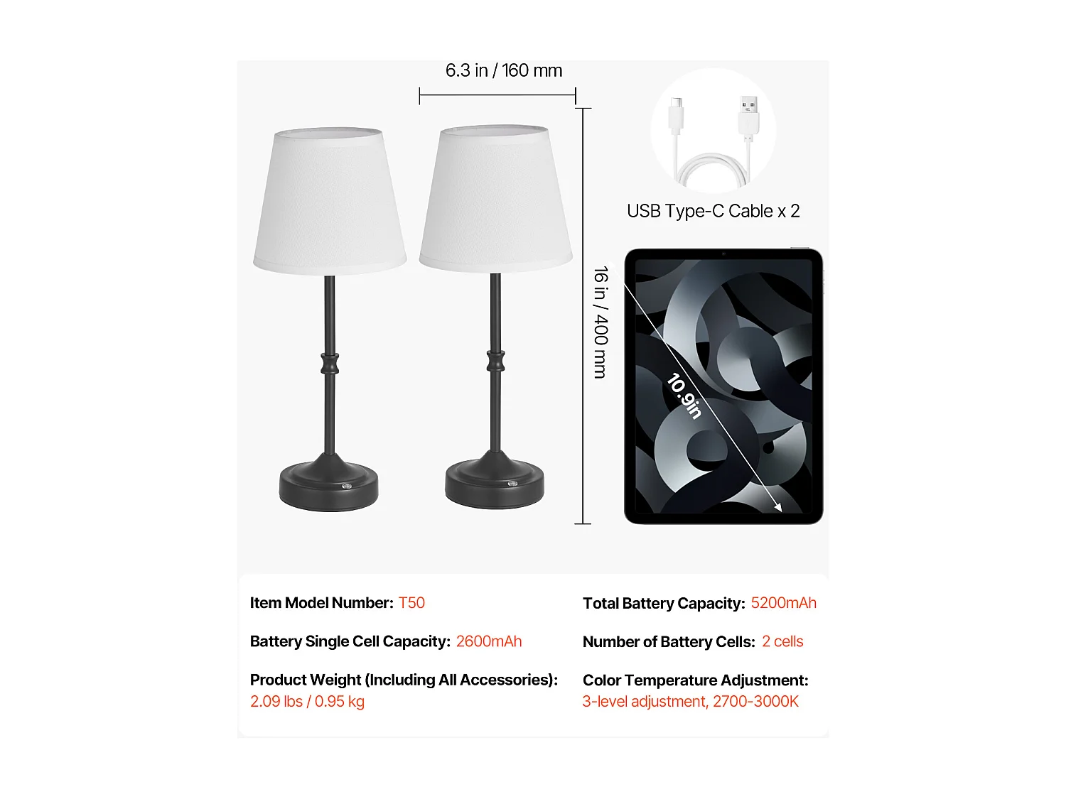 Lampe de Table Sans Fil SucceBuy, 2 Pièces, Batterie Rechargeable Intégrée 5200 mAh, 3 Niveaux Luminosité, Abat-Jour en Tissu, pour Chambre, Noir