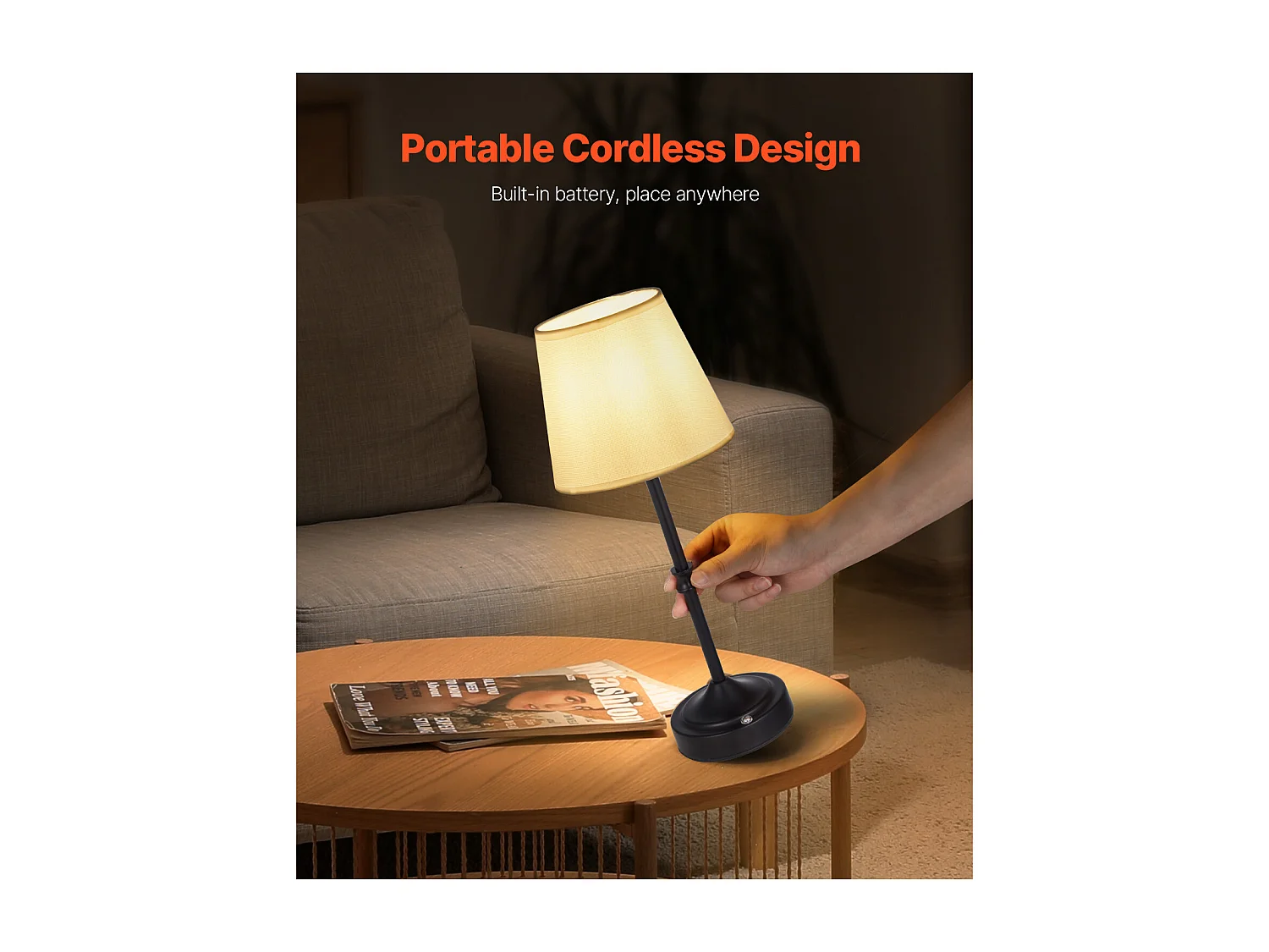 Lampe de Table Sans Fil SucceBuy, 2 Pièces, Batterie Rechargeable Intégrée 5200 mAh, 3 Niveaux Luminosité, Abat-Jour en Tissu, pour Chambre, Noir