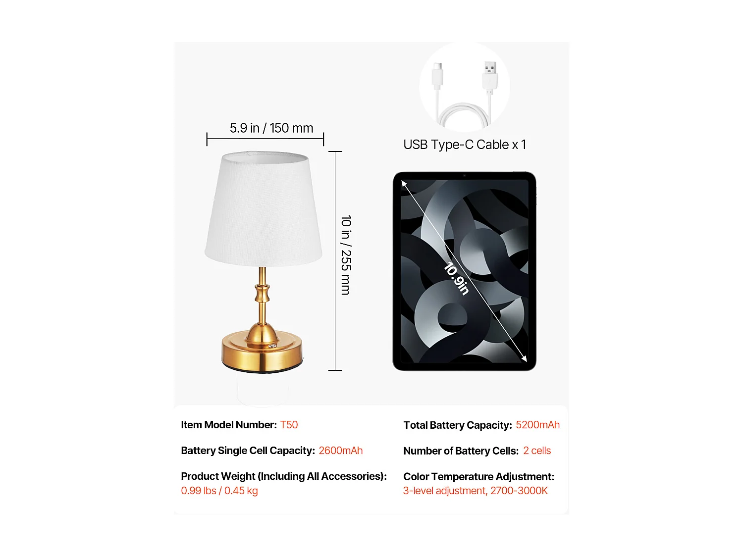 Lampe de Table Sans Fil SucceBuy, Batterie Rechargeable Intégrée 5200 mAh, 3 Niveaux de Luminosité, Abat-Jour en Tissu, pour Chambre, Bar, Doré