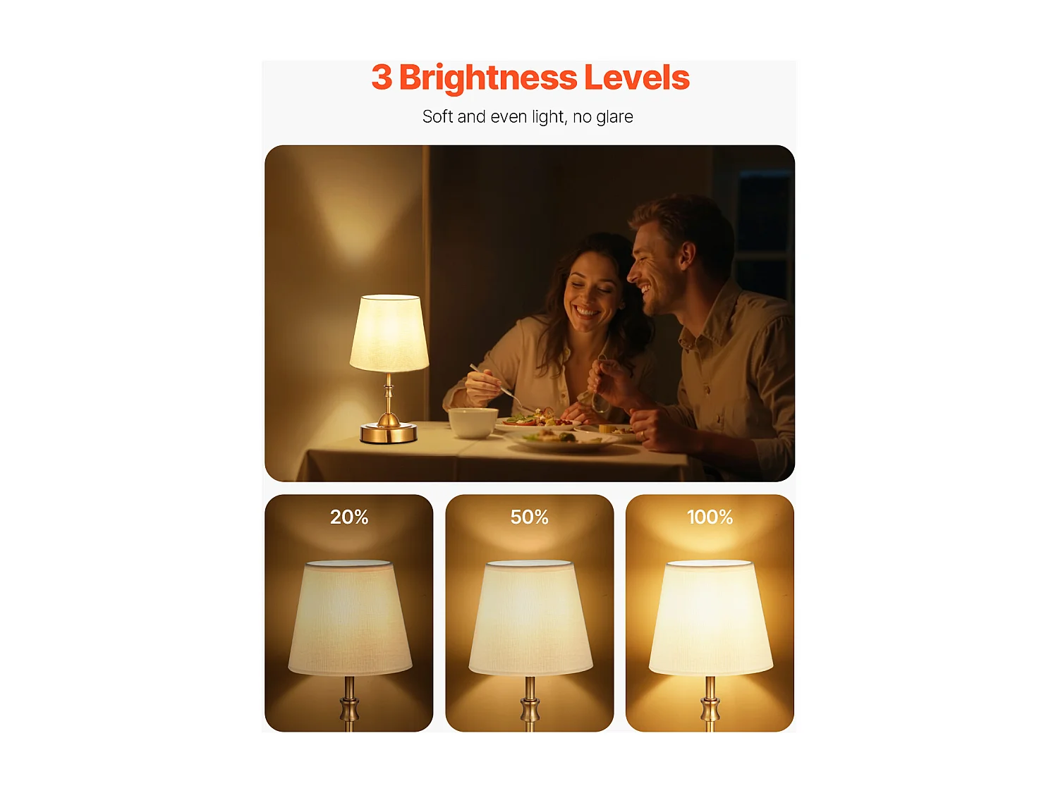 Lampe de Table Sans Fil SucceBuy, Batterie Rechargeable Intégrée 5200 mAh, 3 Niveaux de Luminosité, Abat-Jour en Tissu, pour Chambre, Bar, Doré