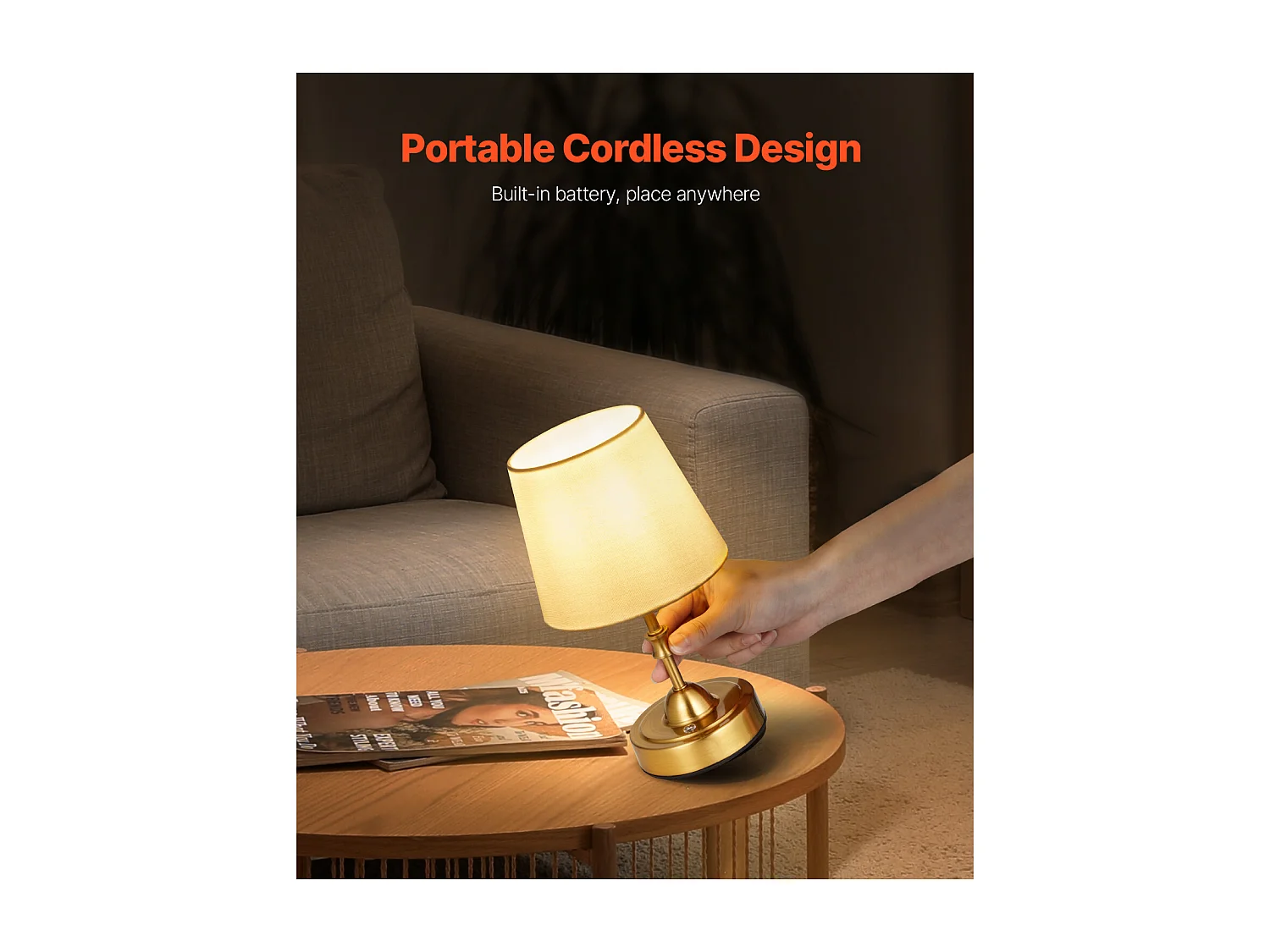 Lampe de Table Sans Fil SucceBuy, Batterie Rechargeable Intégrée 5200 mAh, 3 Niveaux de Luminosité, Abat-Jour en Tissu, pour Chambre, Bar, Doré