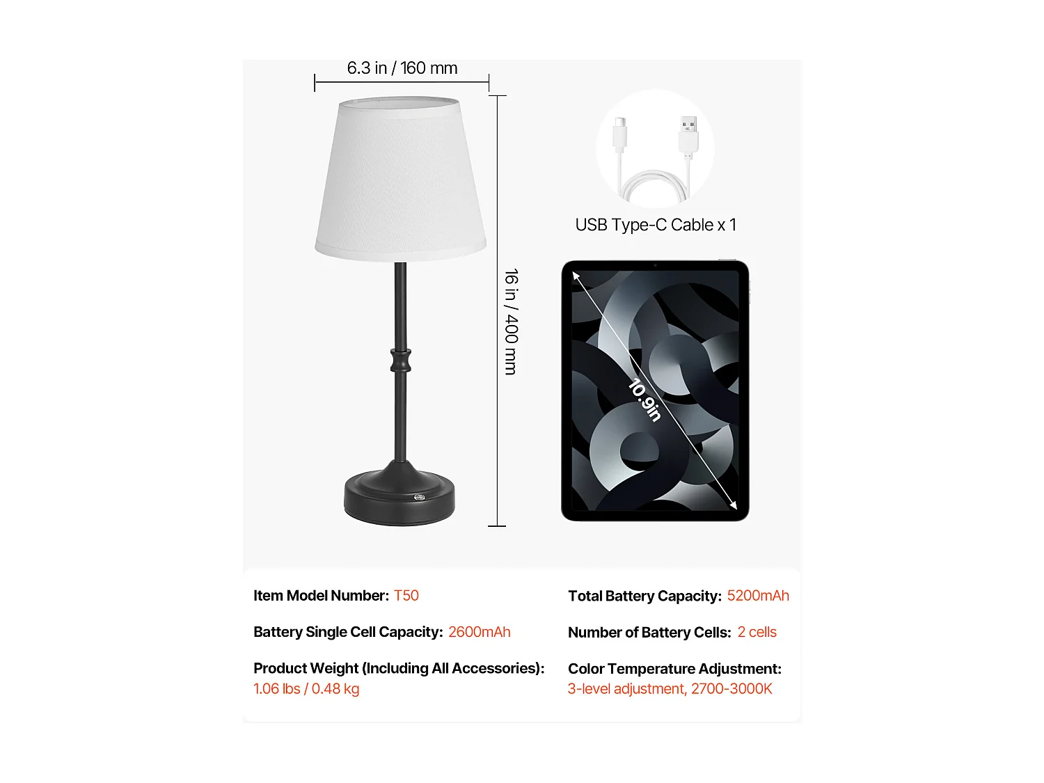 Lampe de Table Sans Fil SucceBuy, Batterie Rechargeable Intégrée 5200 mAh, 3 Niveaux Luminosité, Abat-Jour en Tissu, pour Chambre, Bar, Noir