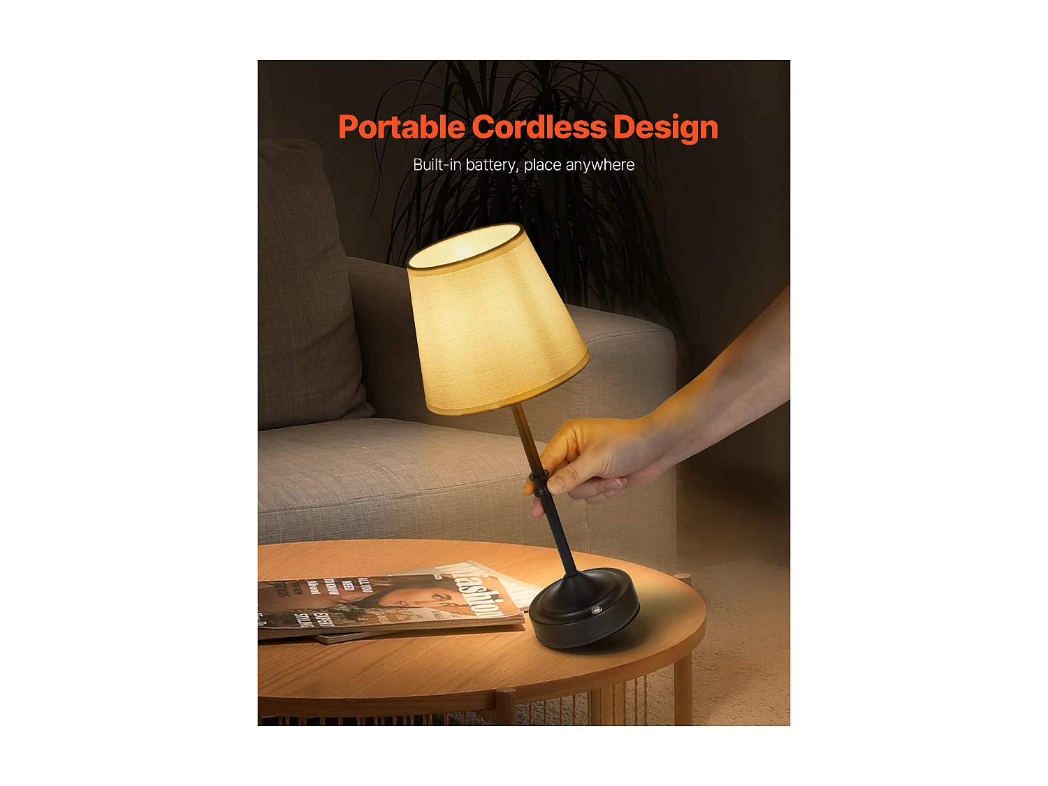 Lampe de Table Sans Fil SucceBuy, Batterie Rechargeable Intégrée 5200 mAh, 3 Niveaux Luminosité, Abat-Jour en Tissu, pour Chambre, Bar, Noir