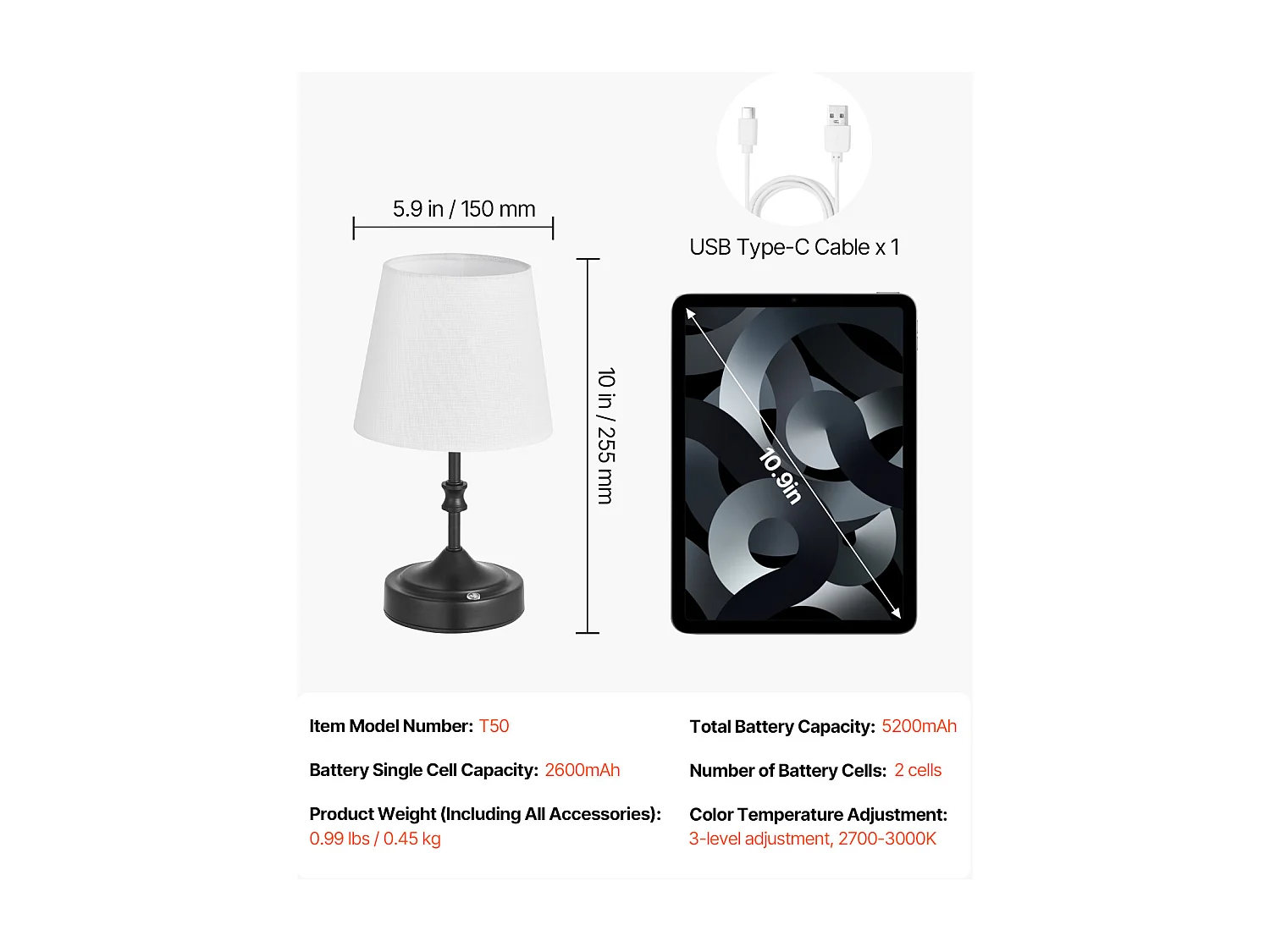 Lampe de Table Sans Fil SucceBuy, Batterie Rechargeable Intégrée 5200 mAh, 3 Niveaux de Luminosité, Abat-Jour en Tissu, pour Chambre, Bar, Noir