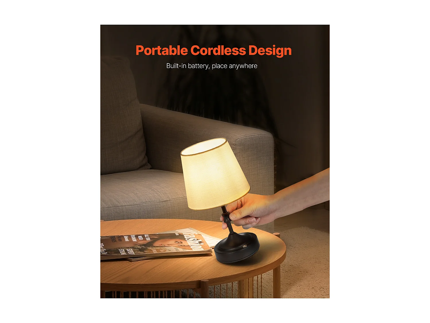 Lampe de Table Sans Fil SucceBuy, Batterie Rechargeable Intégrée 5200 mAh, 3 Niveaux de Luminosité, Abat-Jour en Tissu, pour Chambre, Bar, Noir