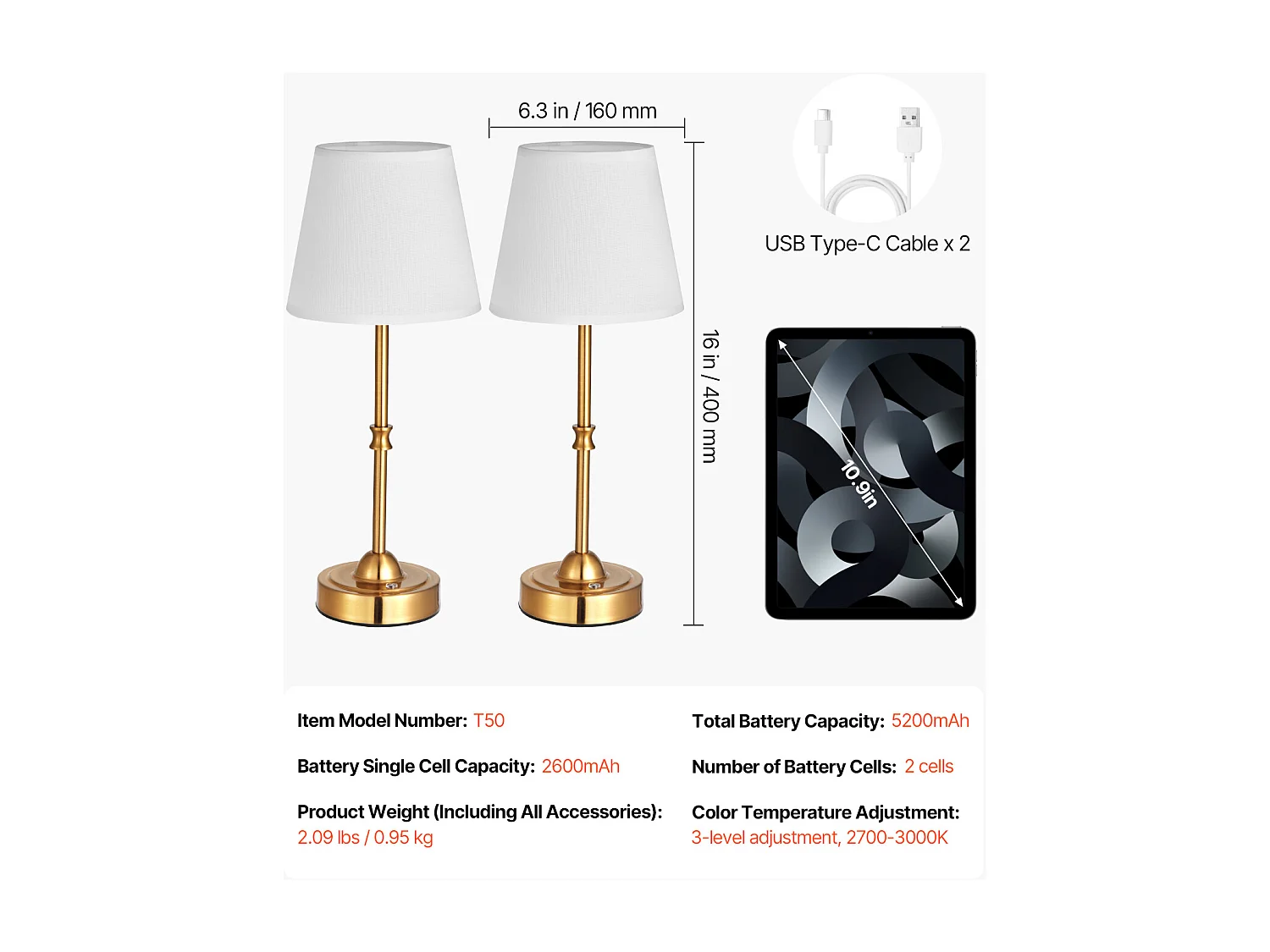 Lampe de Table Sans Fil SucceBuy, 2 Pièces, Batterie Rechargeable Intégrée 5200 mAh, 3 Niveaux Luminosité, Abat-Jour en Tissu, pour Chambre, Doré