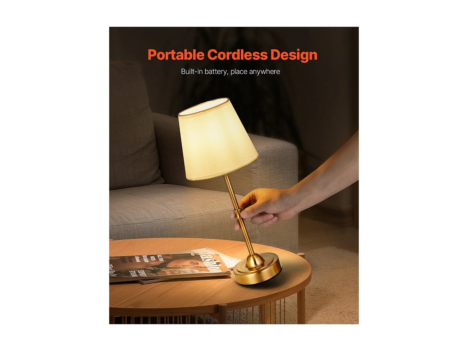 Lampe de Table Sans Fil SucceBuy, 2 Pièces, Batterie Rechargeable Intégrée 5200 mAh, 3 Niveaux Luminosité, Abat-Jour en Tissu, pour Chambre, Doré