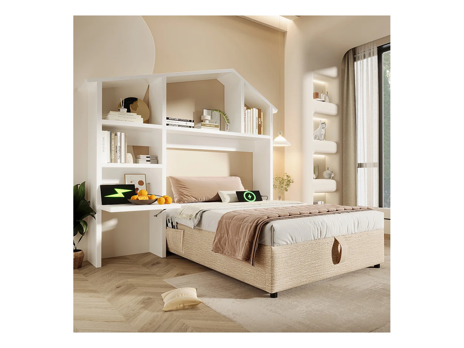 Cama infantil 90x190cm en lino natural con almacenaje hidráulico USB Tipo-C y librería