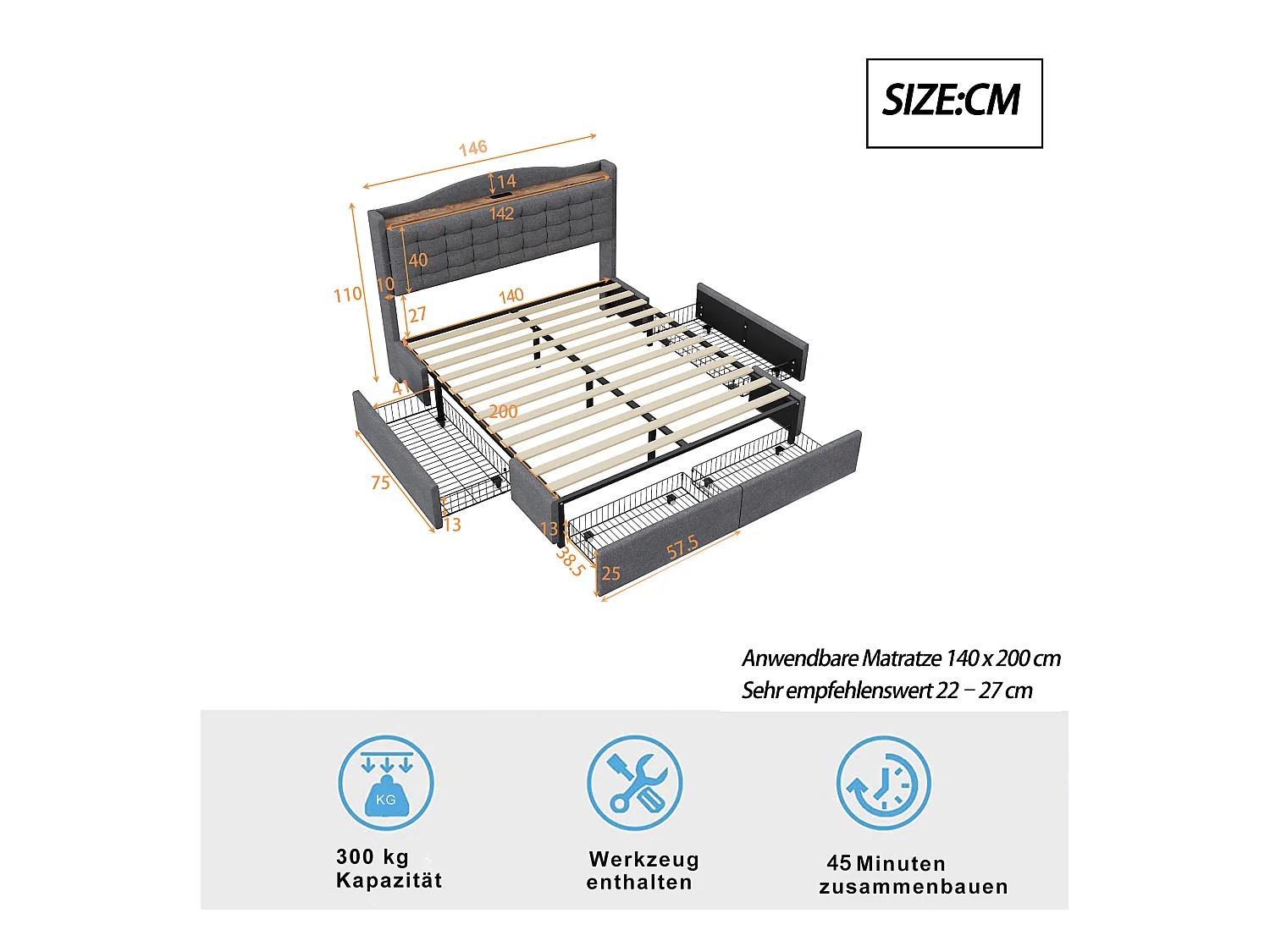 Cama de casal 140x200 cm tecido linho cinza com 4 gavetas e mesa de cabeceira USB armazenamento quarto