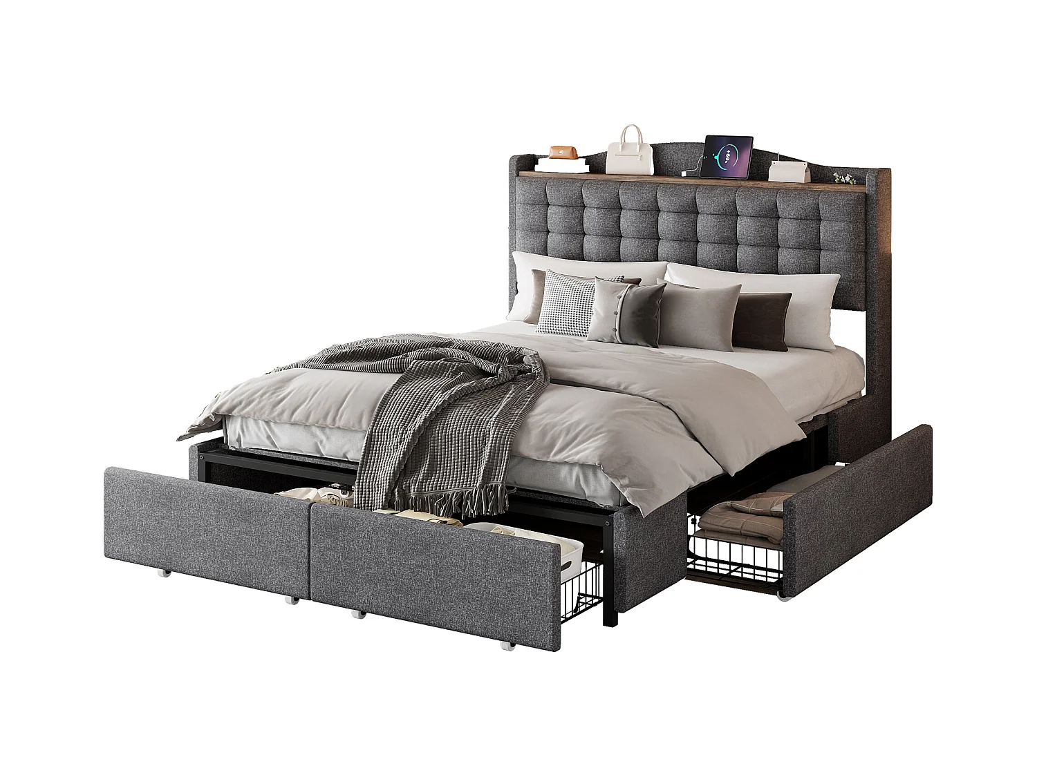 Cama de casal 140x200 cm tecido linho cinza com 4 gavetas e mesa de cabeceira USB armazenamento quarto