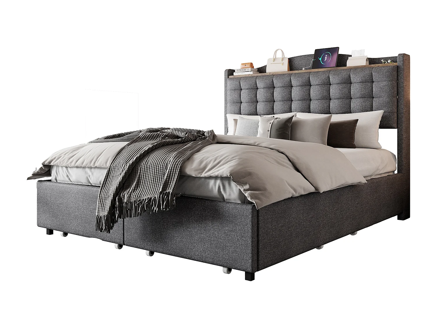 Lit double 140x200 cm tissu lin gris avec 4 tiroirs et table de chevet USB rangement chambre