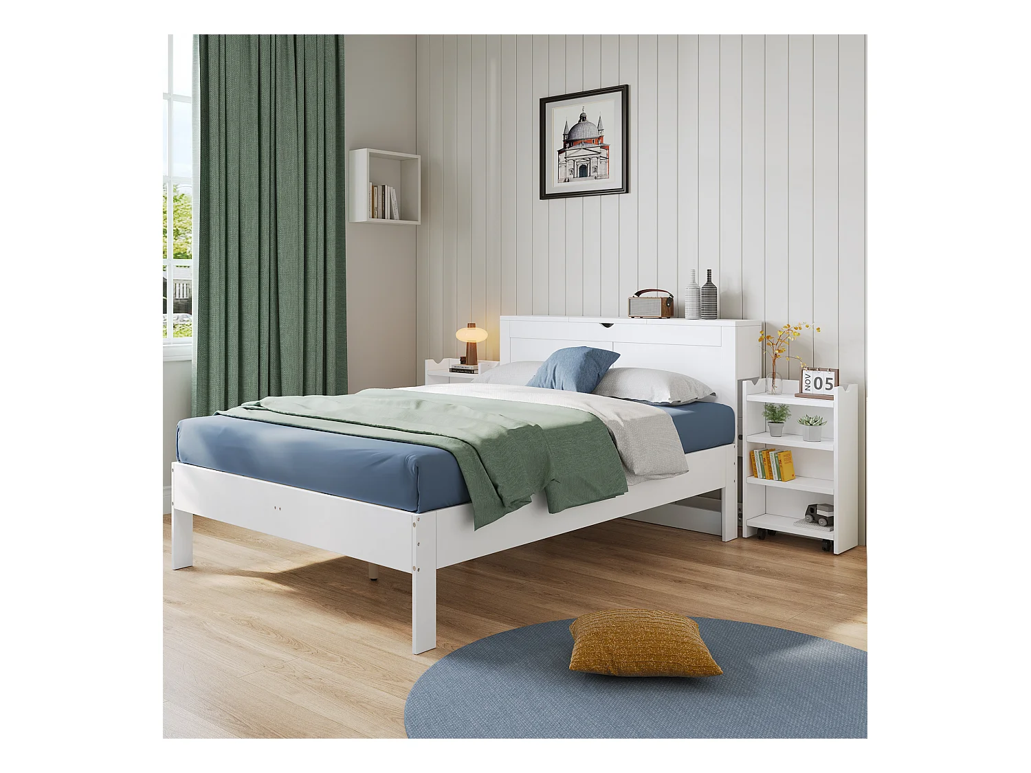 Lit en bois 140x200 cm con cassetti e rangement intégré, tête de lit con coffres, MDF, bianco, adulto e adolescente