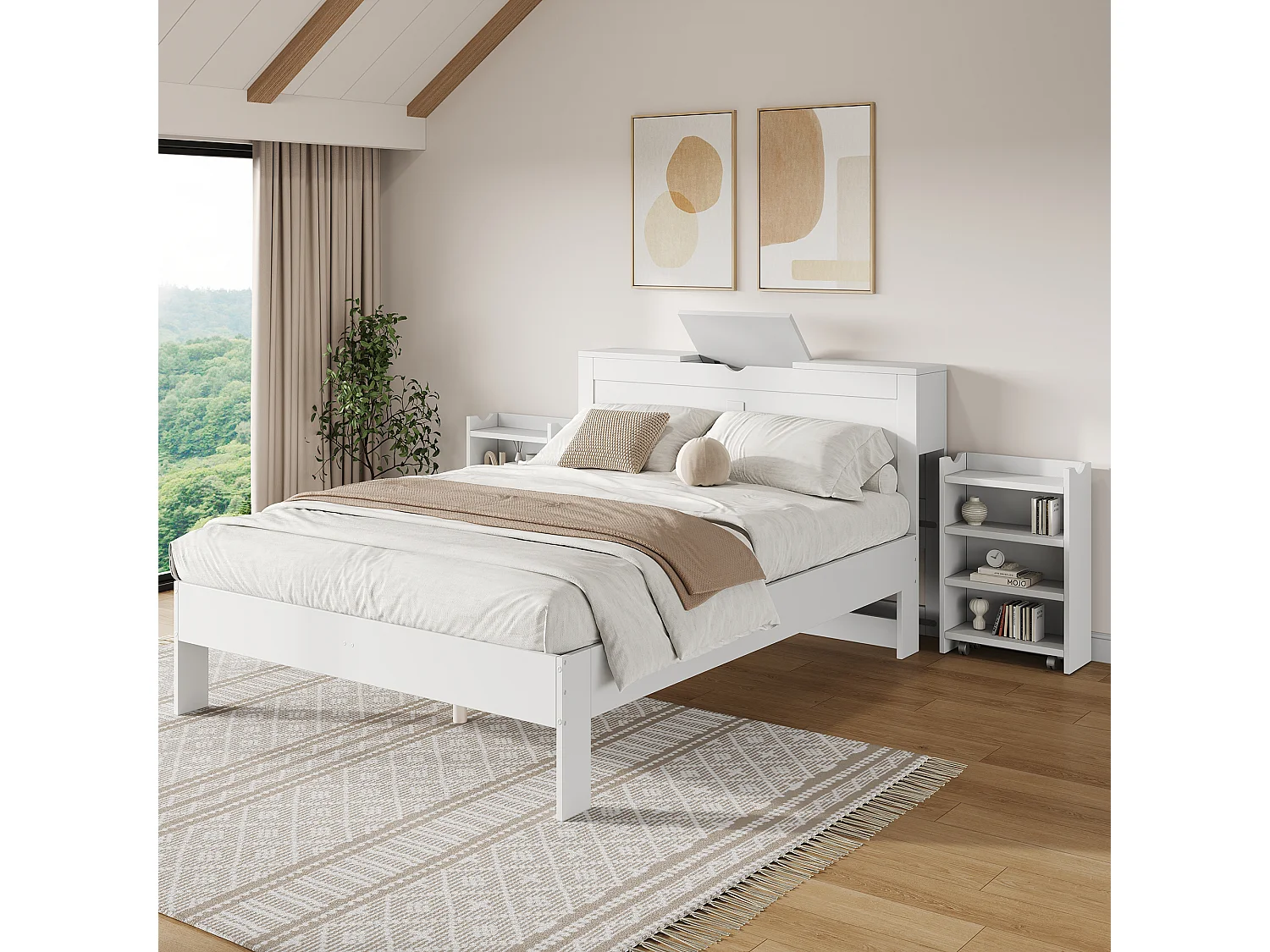 Lit en bois 140x200 cm con cassetti e rangement intégré, tête de lit con coffres, MDF, bianco, adulto e adolescente