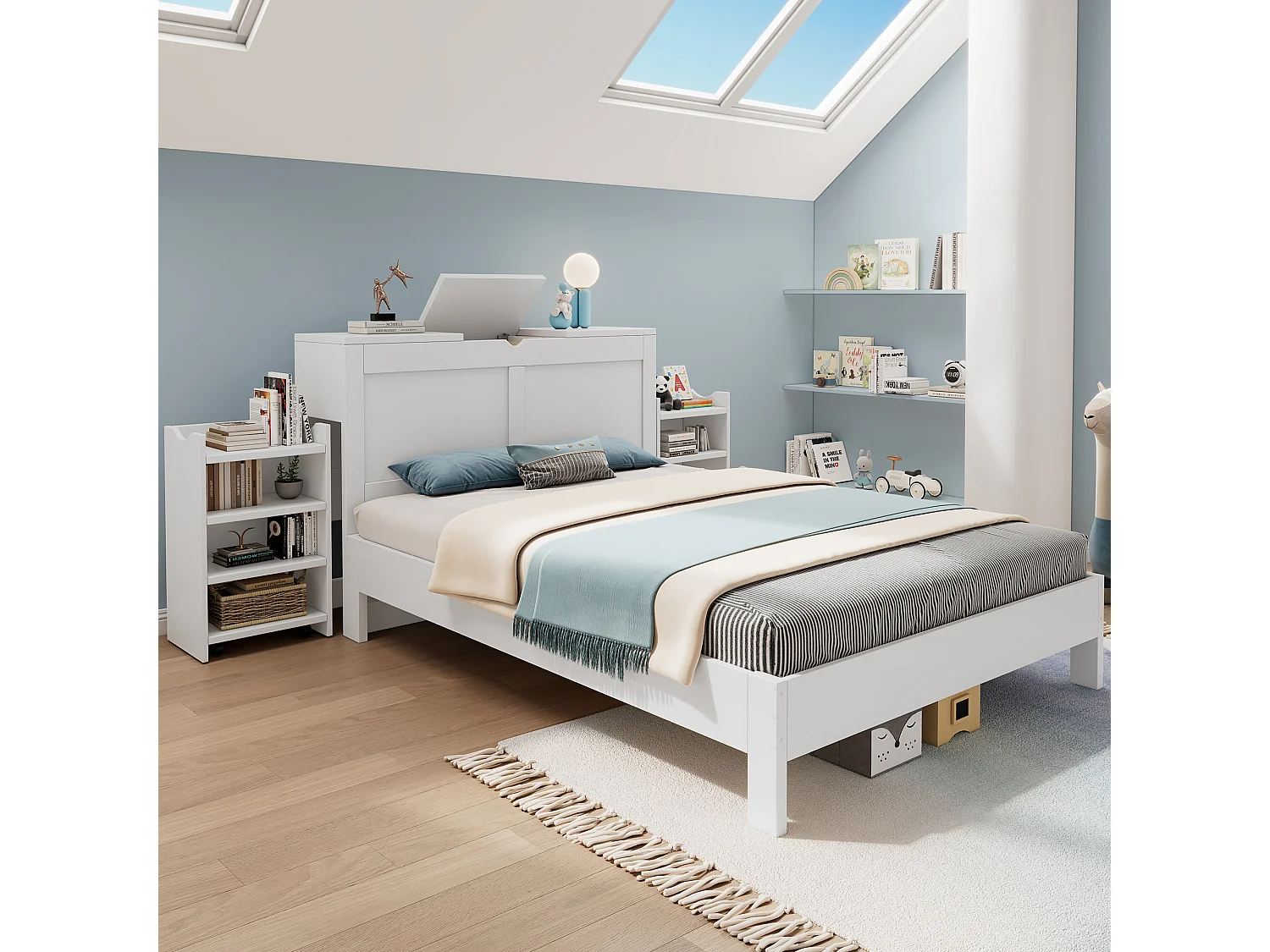 Lit en bois 140x200 cm con cassetti e rangement intégré, tête de lit con coffres, MDF, bianco, adulto e adolescente