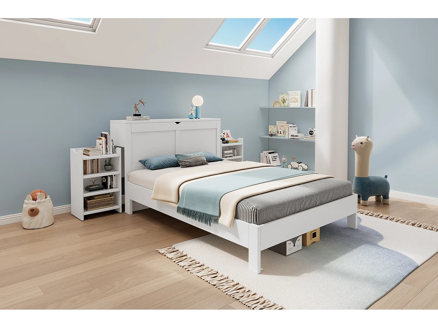 Lit en bois 140x200 cm con cassetti e rangement intégré, tête de lit con coffres, MDF, bianco, adulto e adolescente