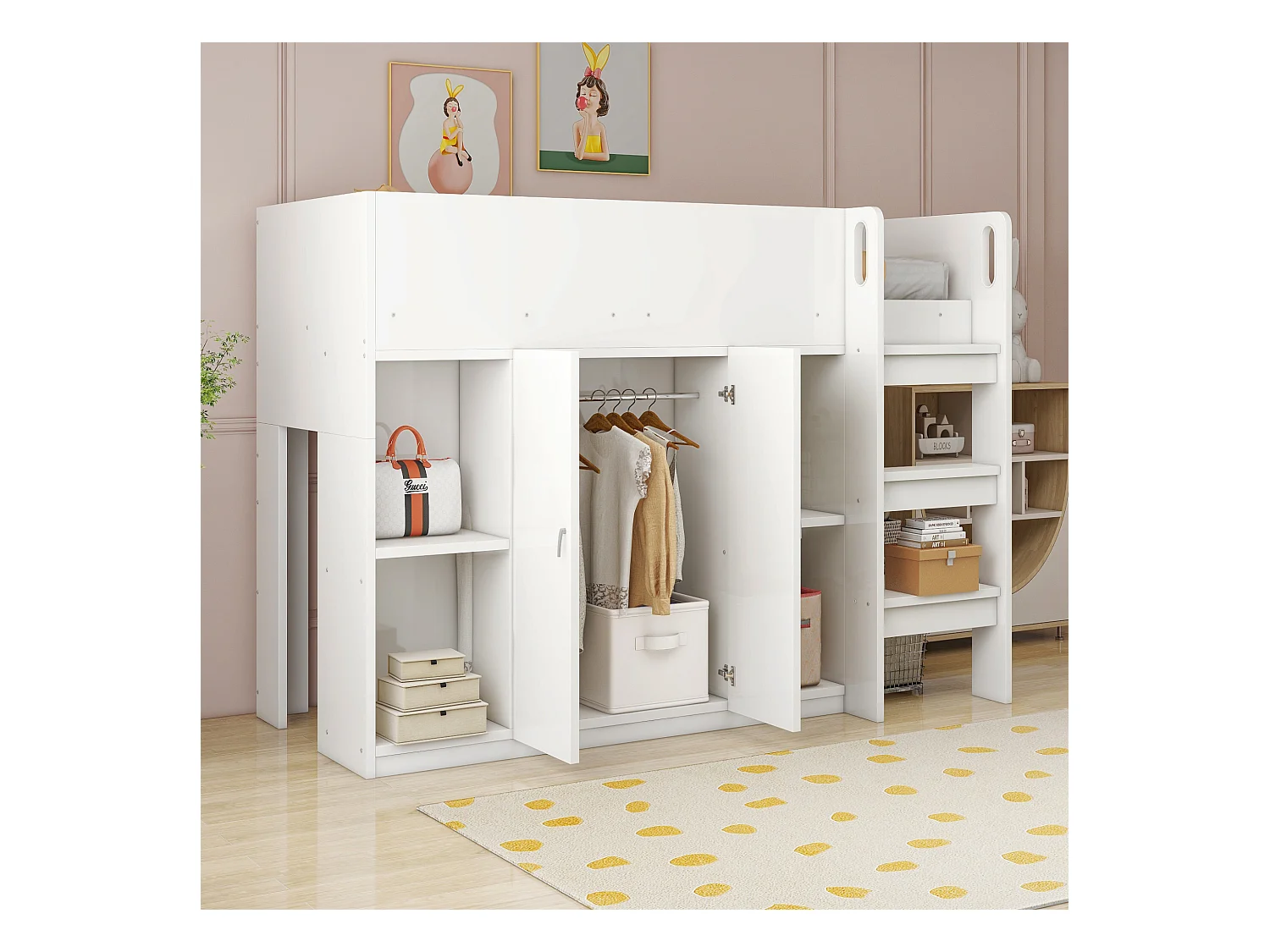 Soppalco illuminato per bambini 90x200 cm bois massif con rangement armoire étagères blanc