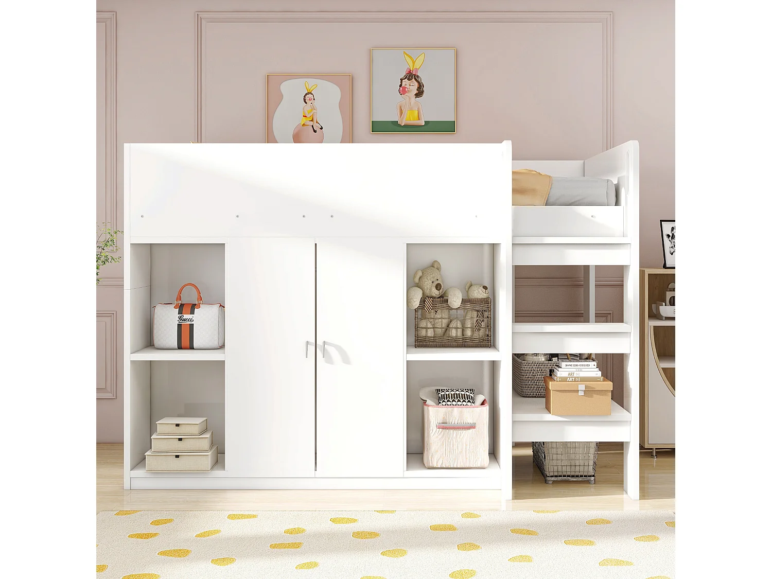 Soppalco illuminato per bambini 90x200 cm bois massif con rangement armoire étagères blanc