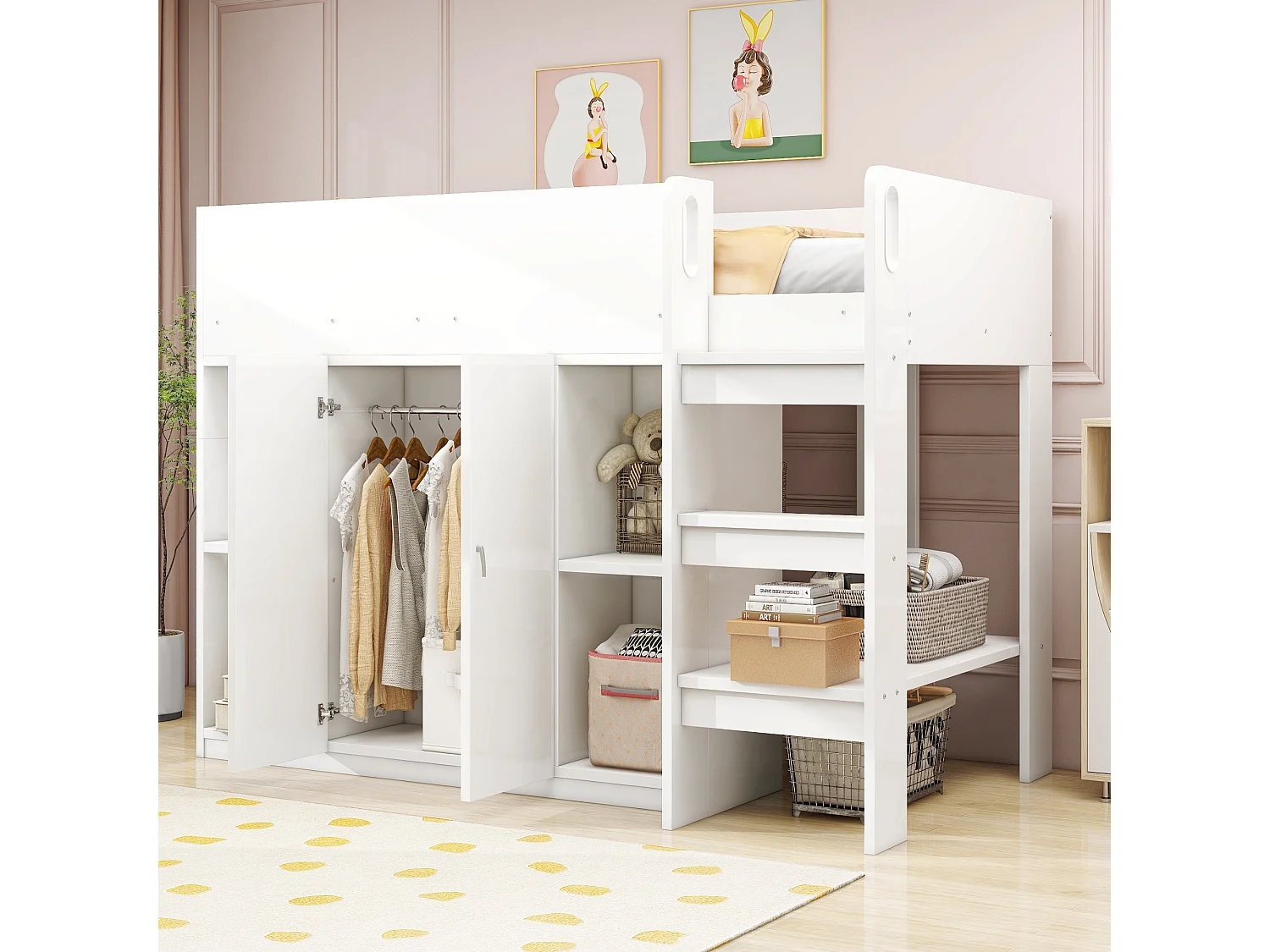 Cama alta infantil 90x200cm madera maciza con armario almacenaje estantes blanco