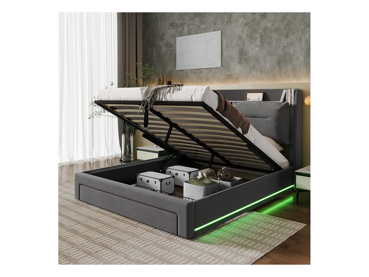 Cama estofada LED 160x200 veludo cinza escuro com armazenamento hidráulico e gavetas integradas