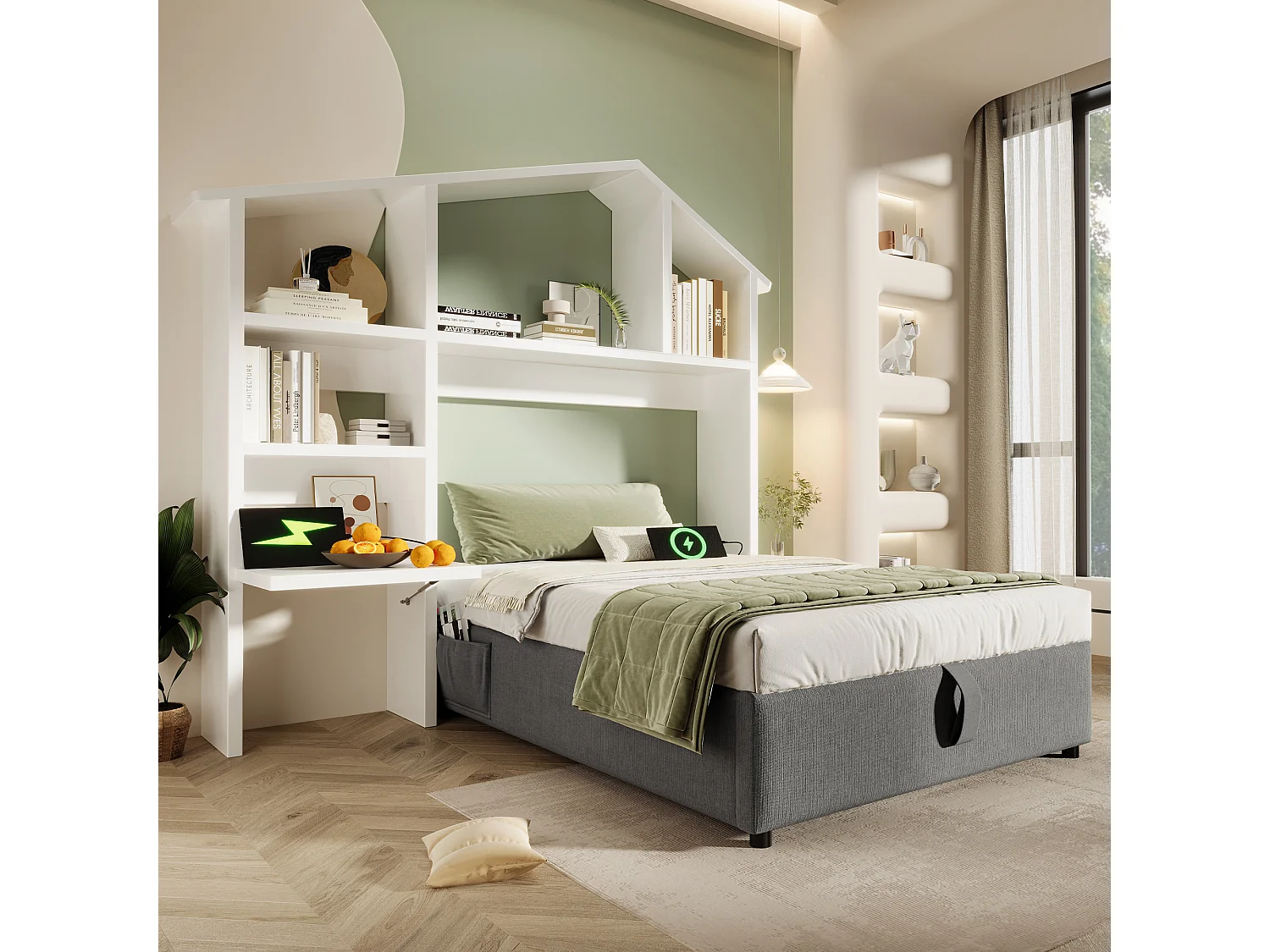 Lampada da bambino 90x200 cm in lino grigio con cassetto idraulico USB Type-C e biblioteca integrata