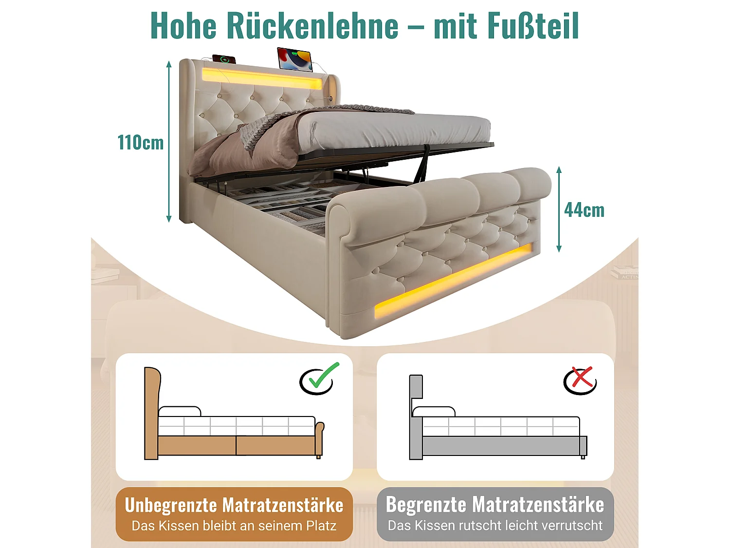 Cama de solteiro estofada 90x200cm veludo bege com armazenamento hidráulico LED tomadas USB tipo C