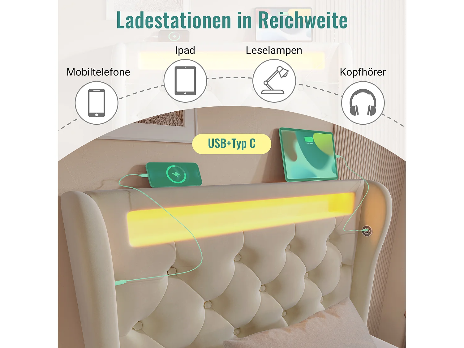 Cama de solteiro estofada 90x200cm veludo bege com armazenamento hidráulico LED tomadas USB tipo C