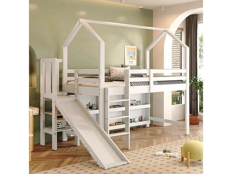 Lit enfant 90x200 cm en bois massif avec toboggan, rangements et étagères blanc