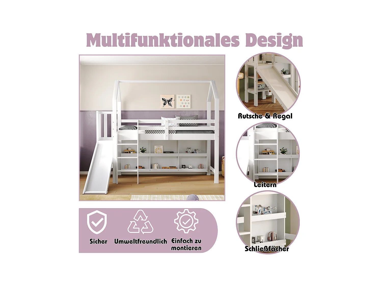 Lit enfant 90x200 cm en bois massif avec toboggan, rangements et étagères blanc