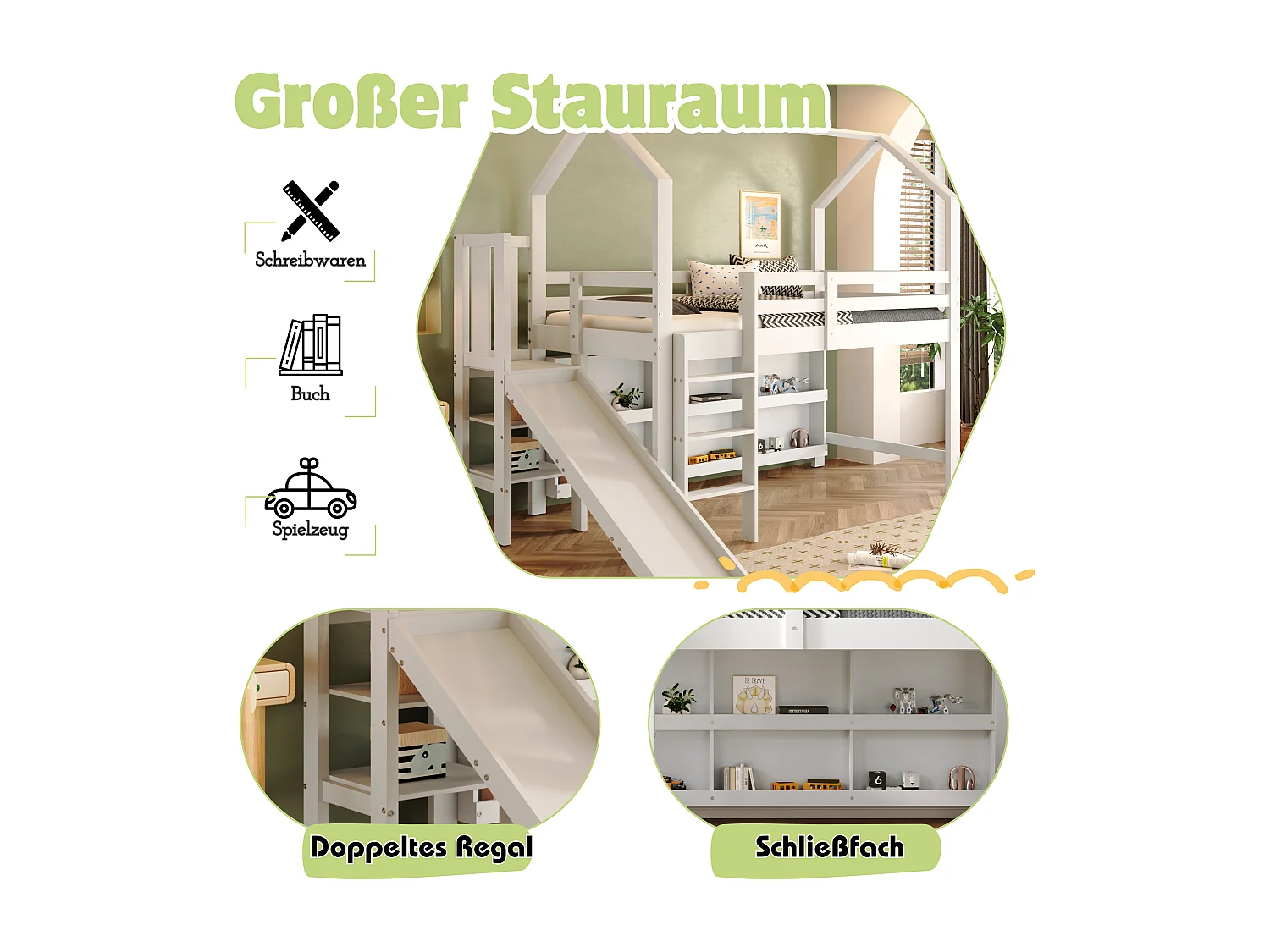 Lit enfant 90x200 cm en bois massif avec toboggan, rangements et étagères blanc