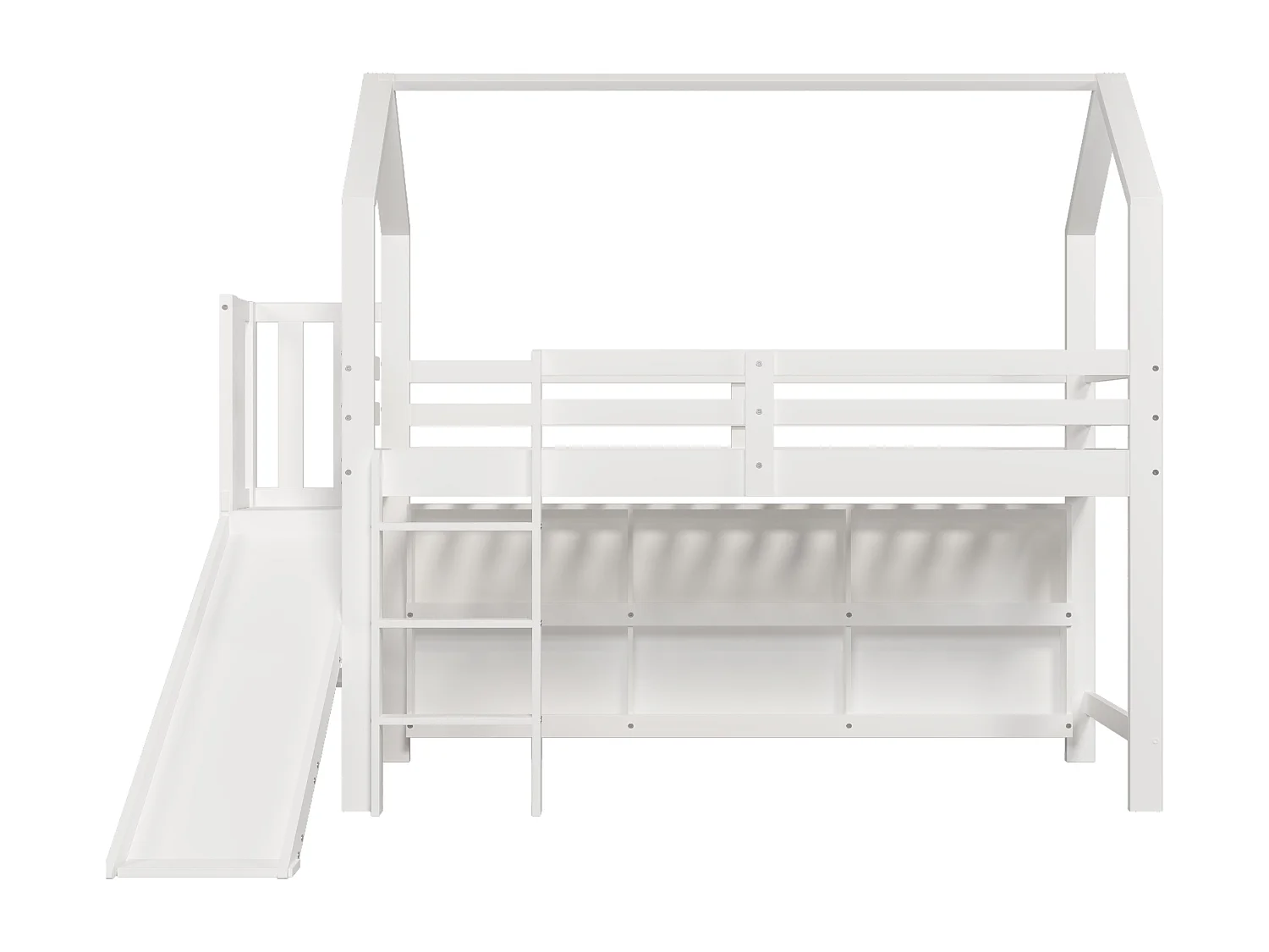 Lit enfant 90x200 cm en bois massif avec toboggan, rangements et étagères blanc