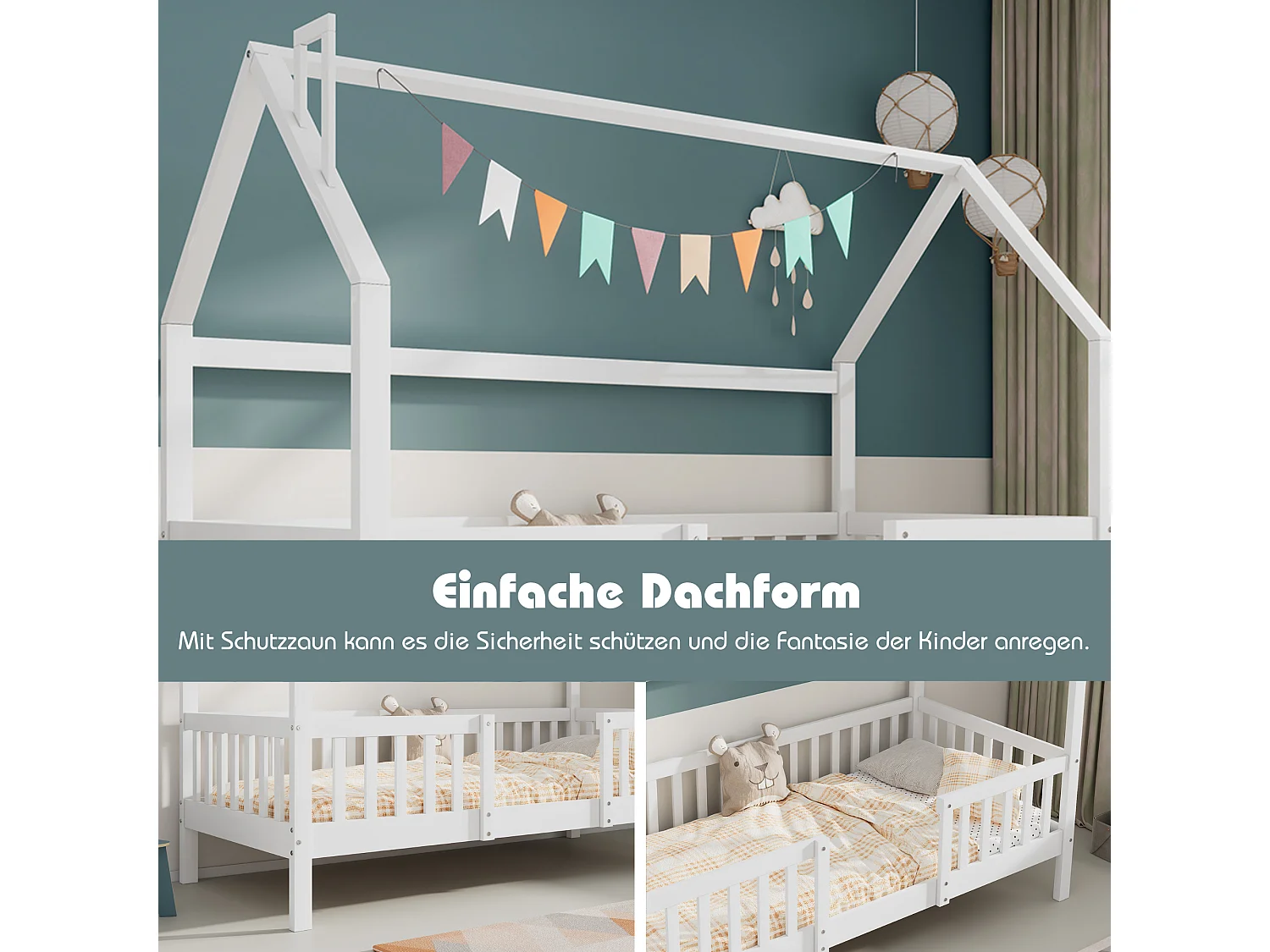 Cama de cabine infantil 90x200 madeira de pinho branco com teto de chaminé e área de recreação