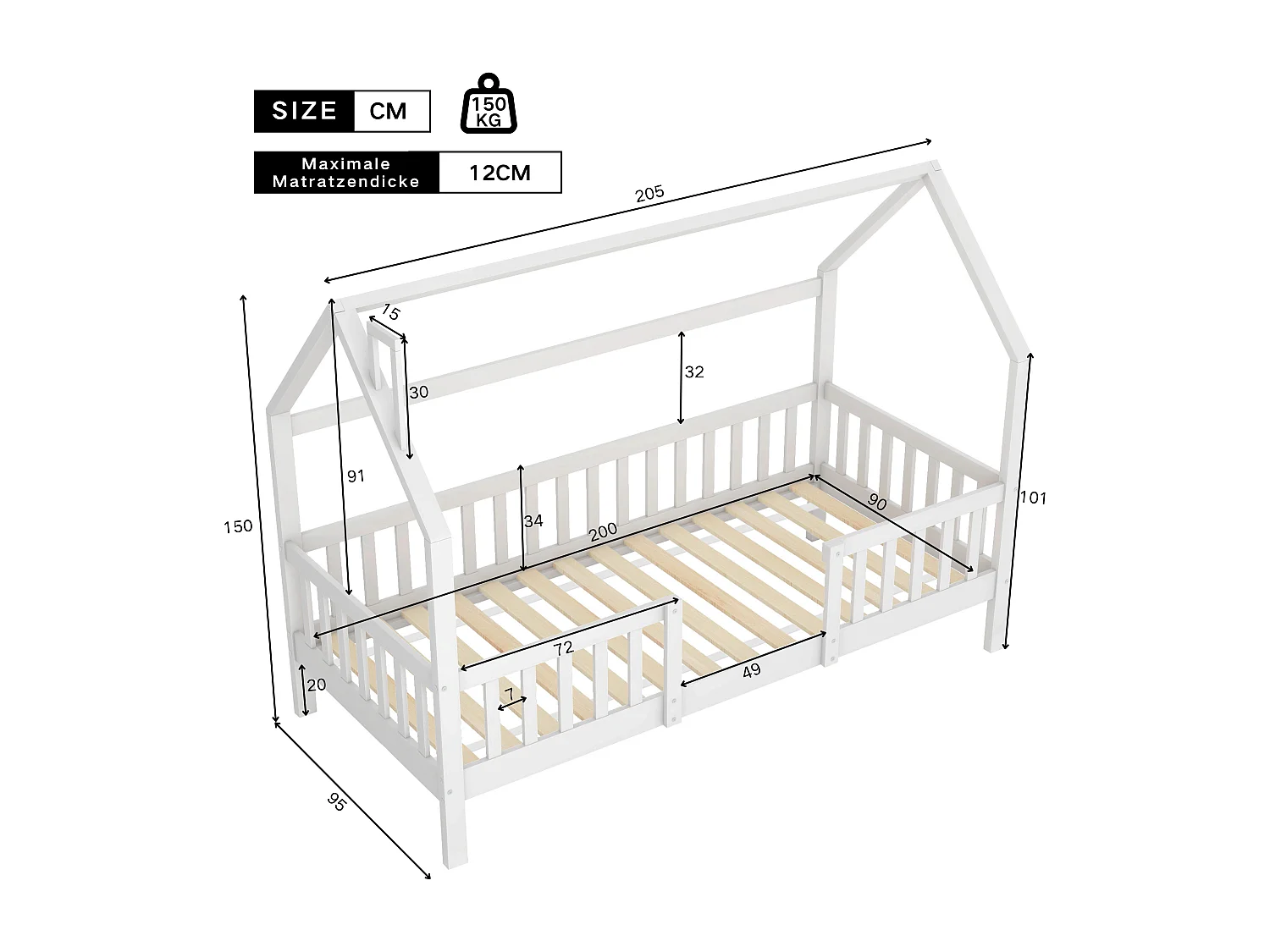 Cabane enfant illuminata 90x200 bois pin bianco con toit cheminée et espace ludique