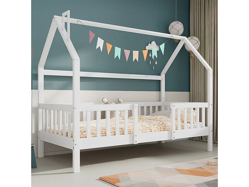 Cama de cabine infantil 90x200 madeira de pinho branco com teto de chaminé e área de recreação