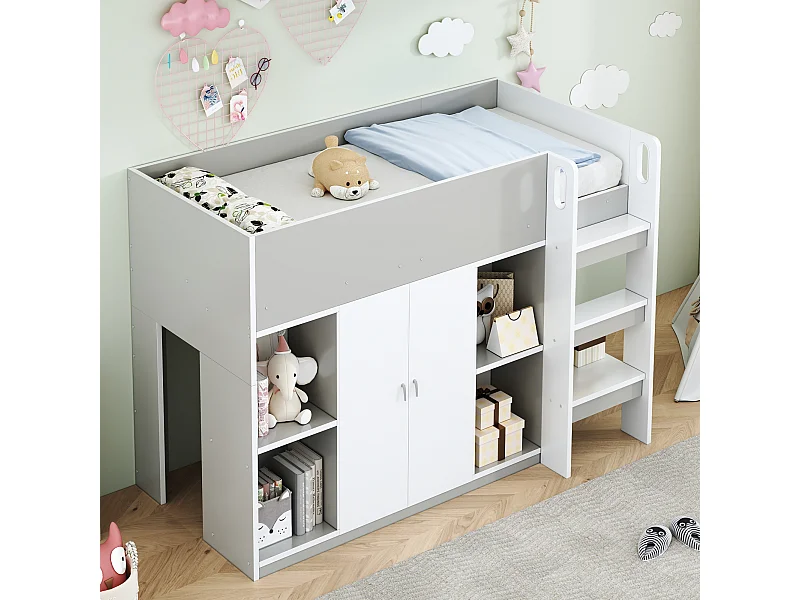 Cama mezanino infantil 90x200cm madeira maciça com prateleiras de armazenamento guarda-roupa cinza branco