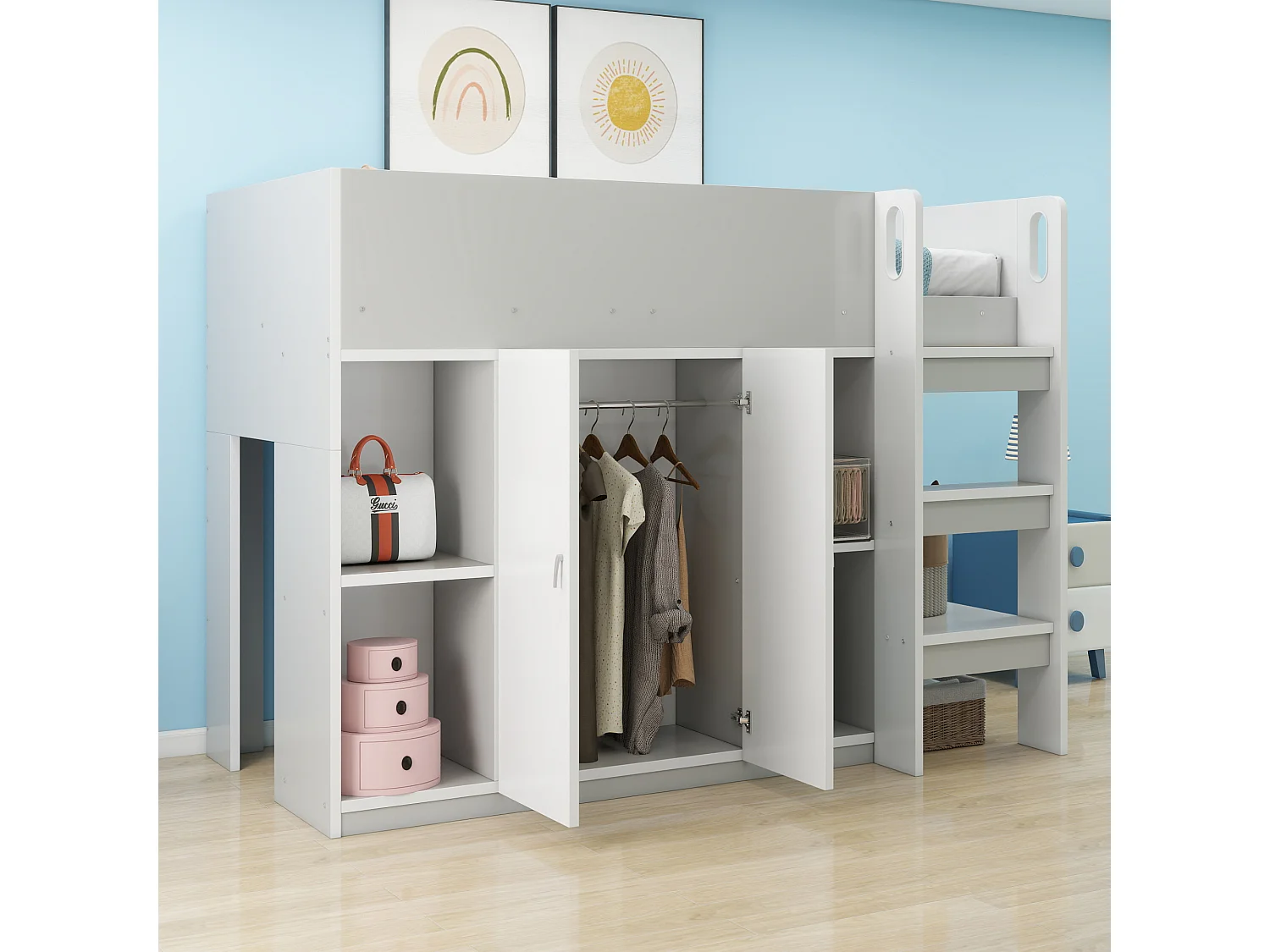 Soppalco illuminato per bambini 90x200 cm bois massif con rangement étagères armoire gris blanc