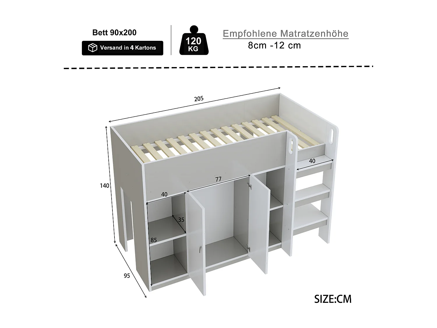 Soppalco illuminato per bambini 90x200 cm bois massif con rangement étagères armoire gris blanc