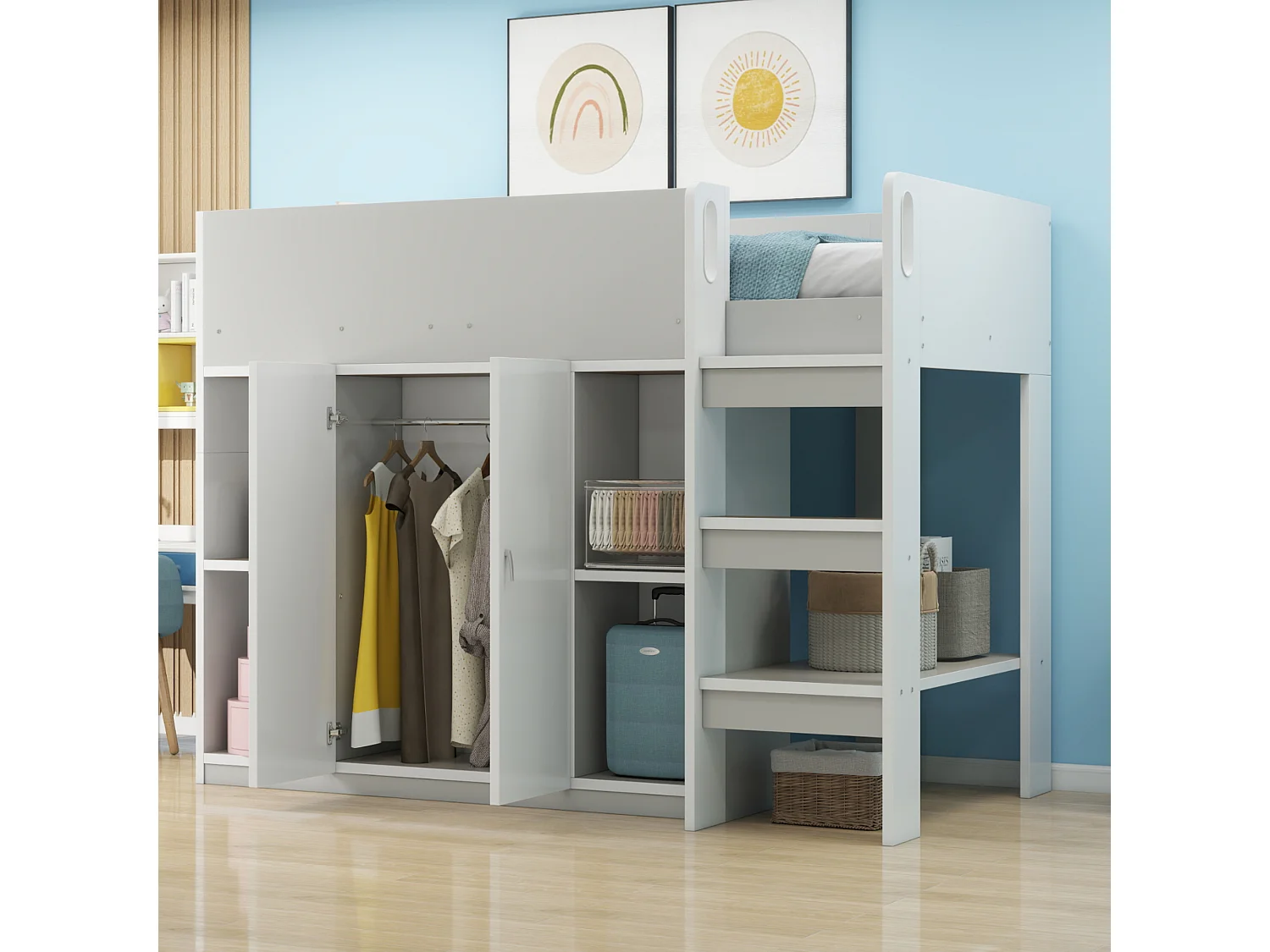 Soppalco illuminato per bambini 90x200 cm bois massif con rangement étagères armoire gris blanc